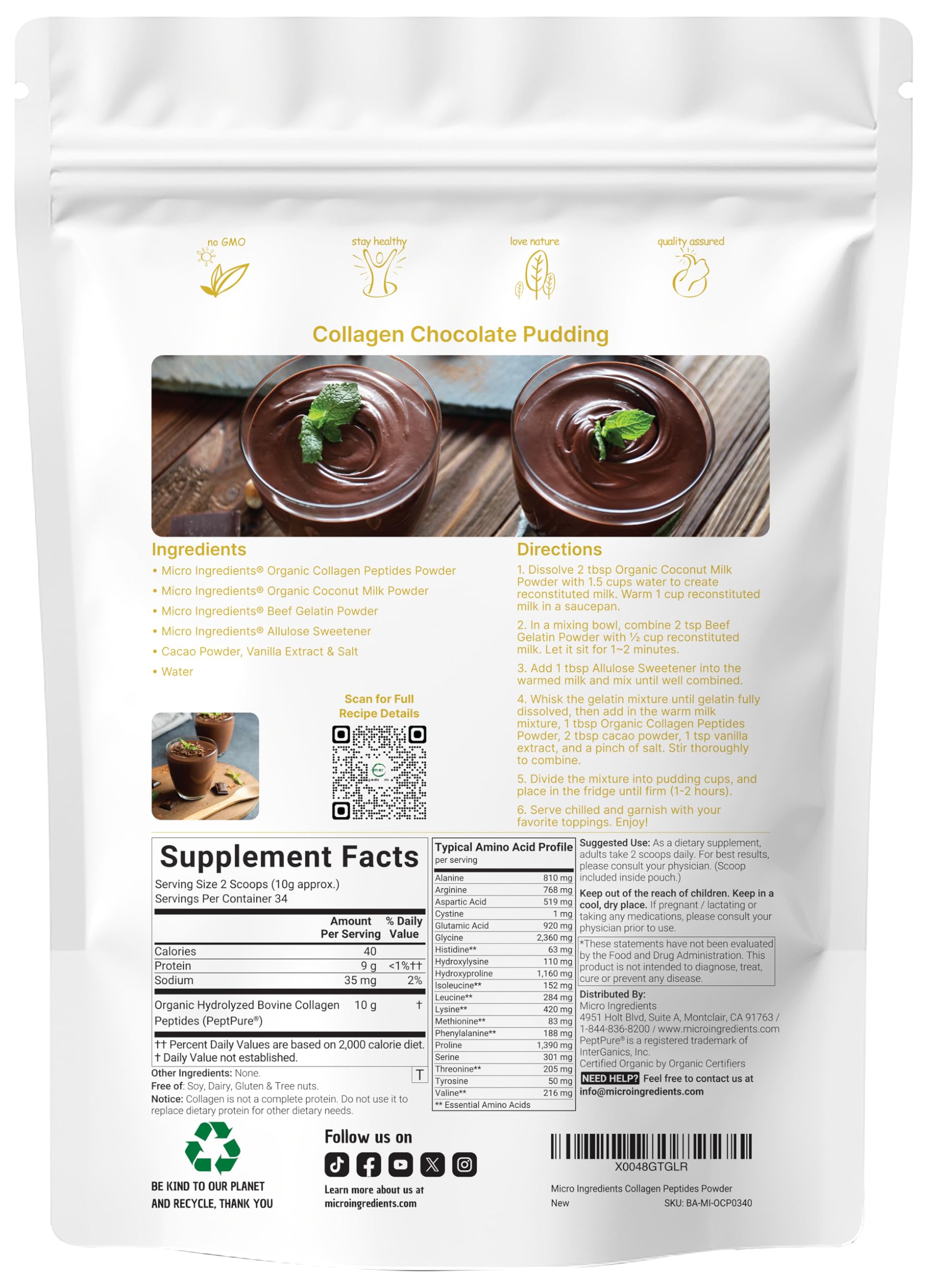 Back view of Micro Ingredients Organic Bovine Collagen Peptide Powder 340g pouch
