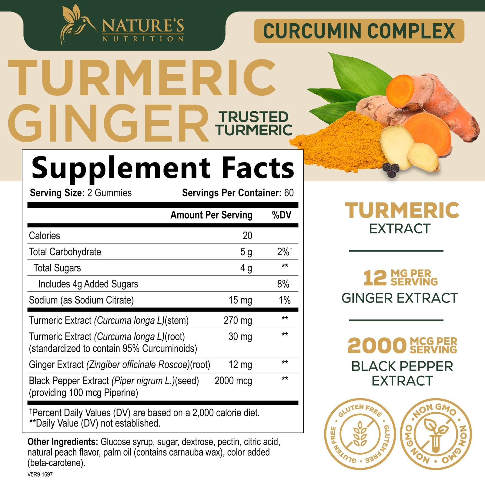 Back view of Nature's Nutrition Turmeric Gummies 422g packaging