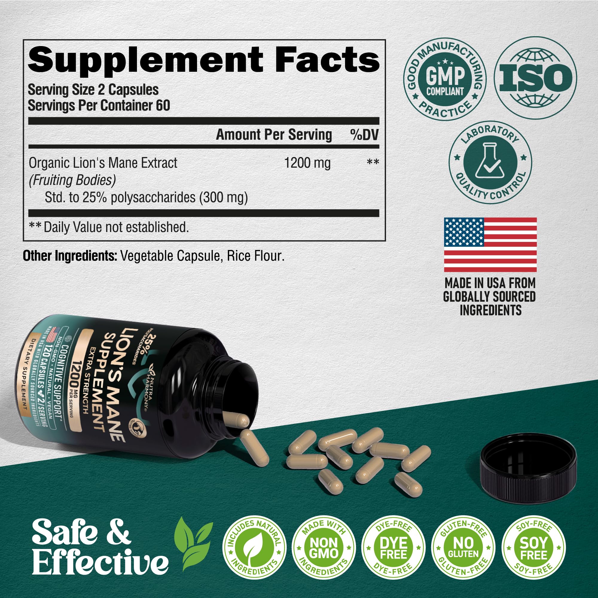 Back view of NUTRAHARMONY Lion's Mane Mushroom Capsules bottle