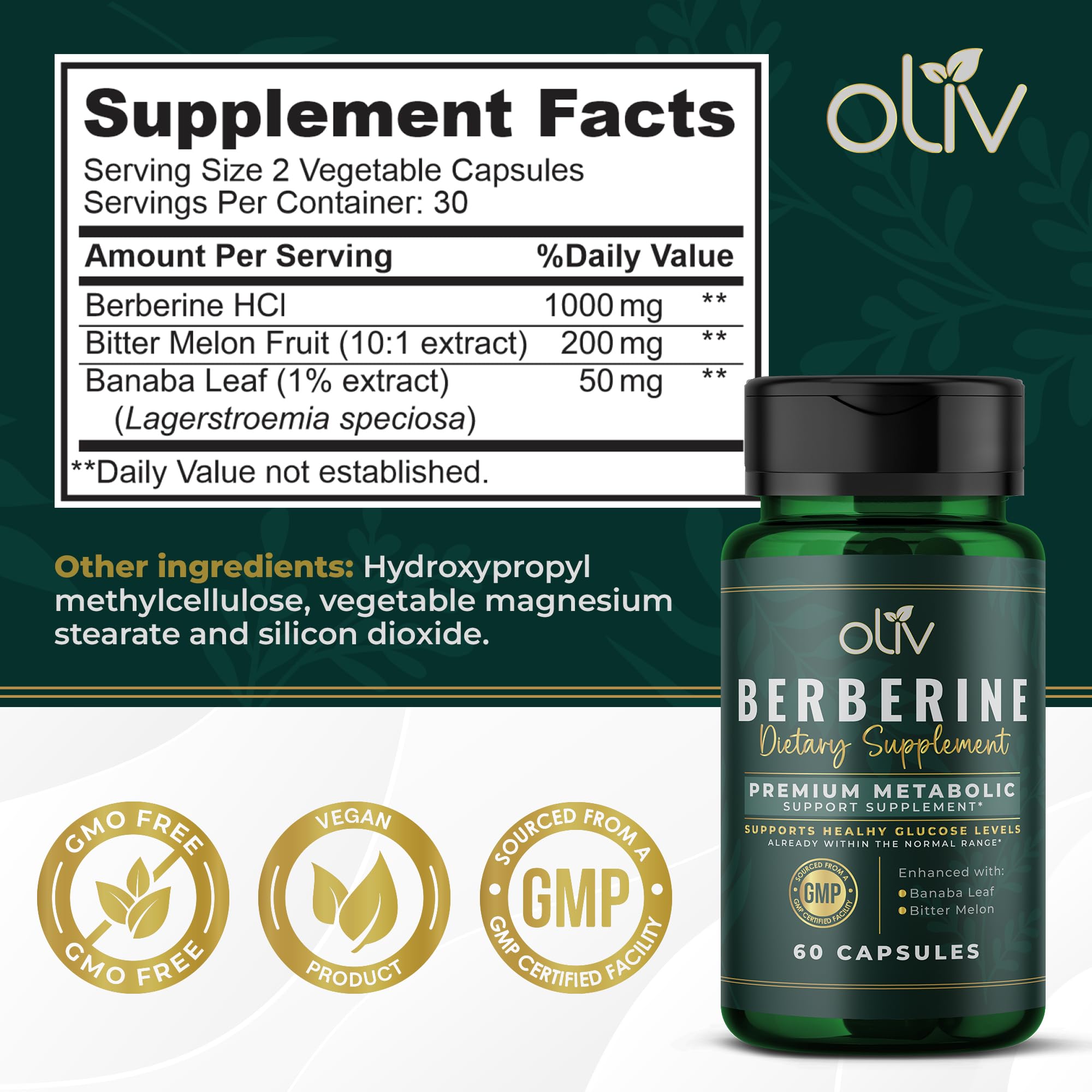 Back view of oliv Berberine Supplement 1250 mg bottle