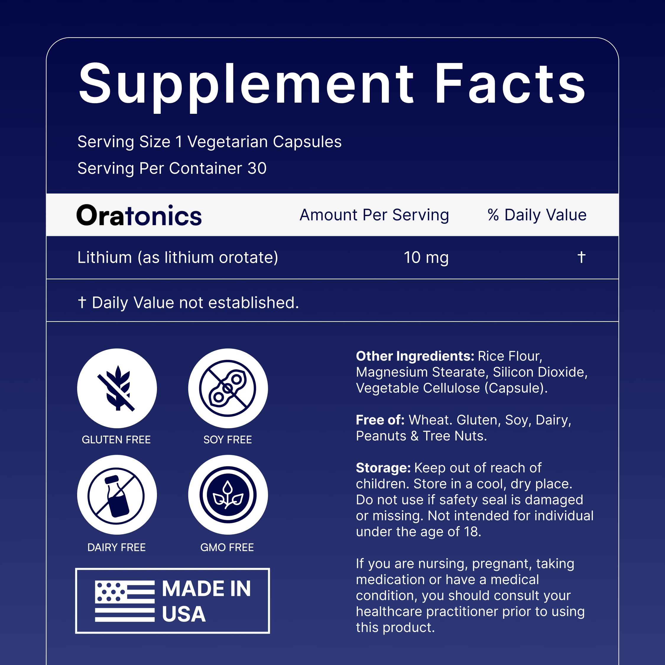 Back view of ORATONICS Lithium Orotate supplement with ingredient list