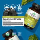 Back view of ORGANIC INDIA Amalaki Capsules with nutritional information