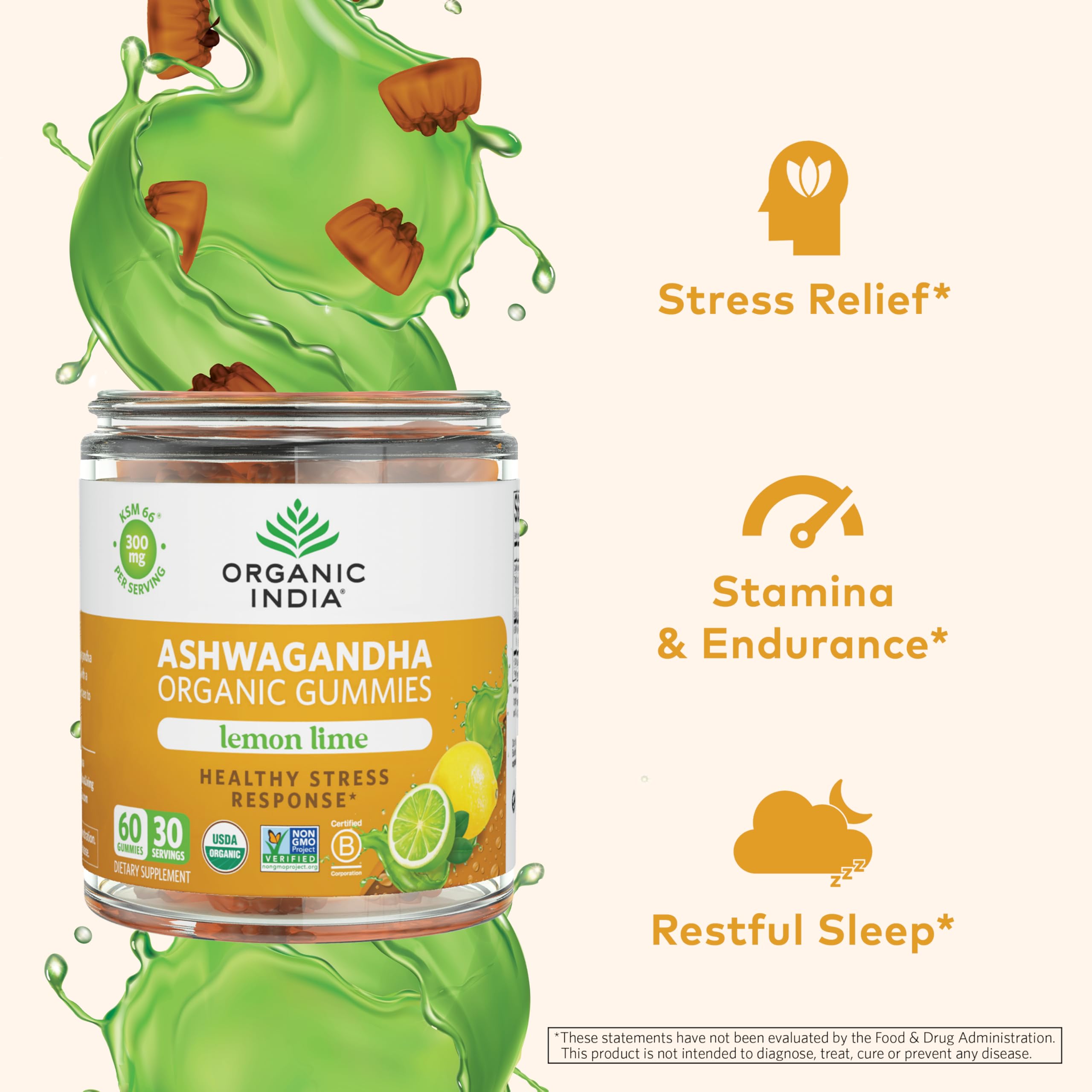 Back view of ORGANIC INDIA Ashwagandha Gummies packaging with ingredient list