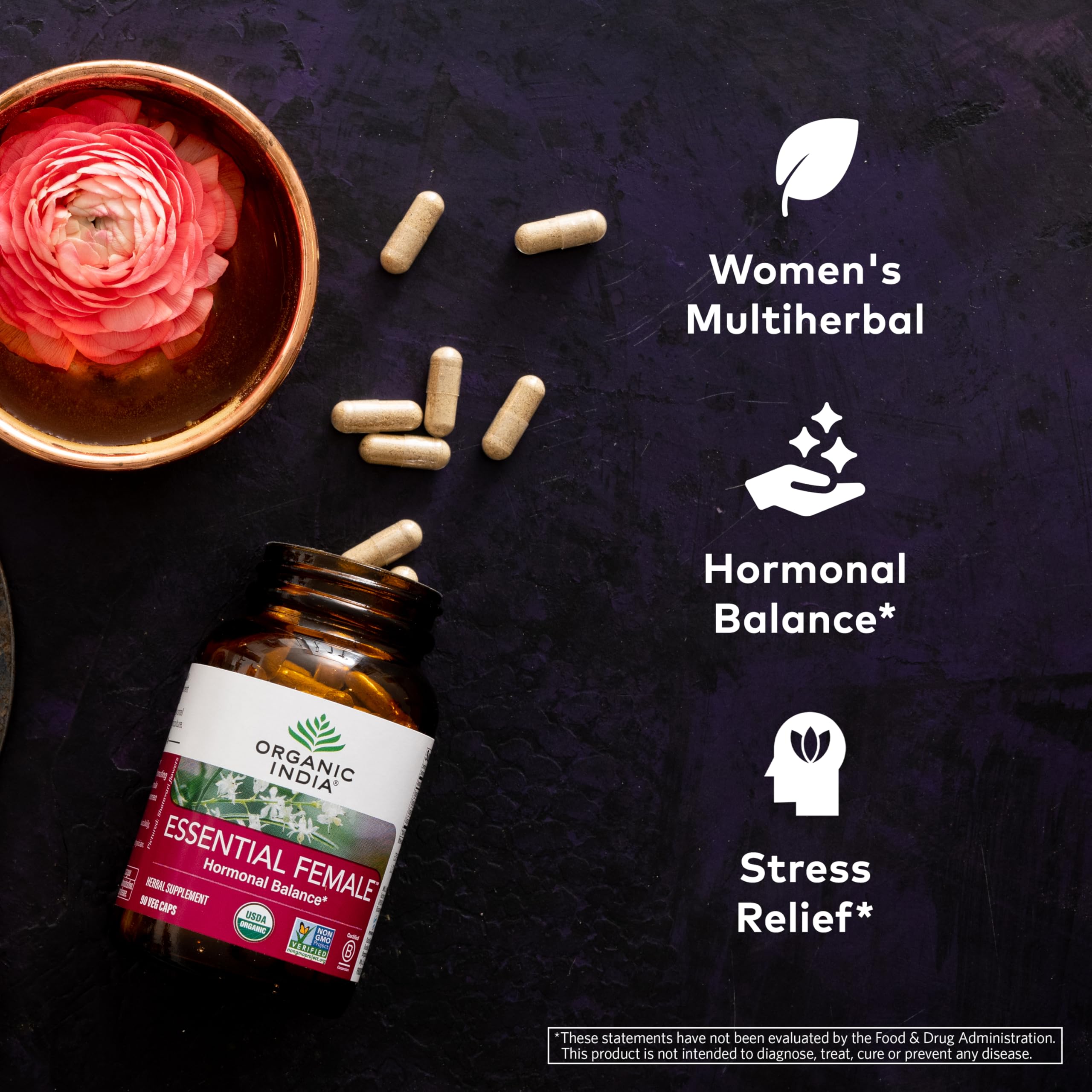 Back view of ORGANIC INDIA Essential Female Supplement 399g bottle showing ingredients