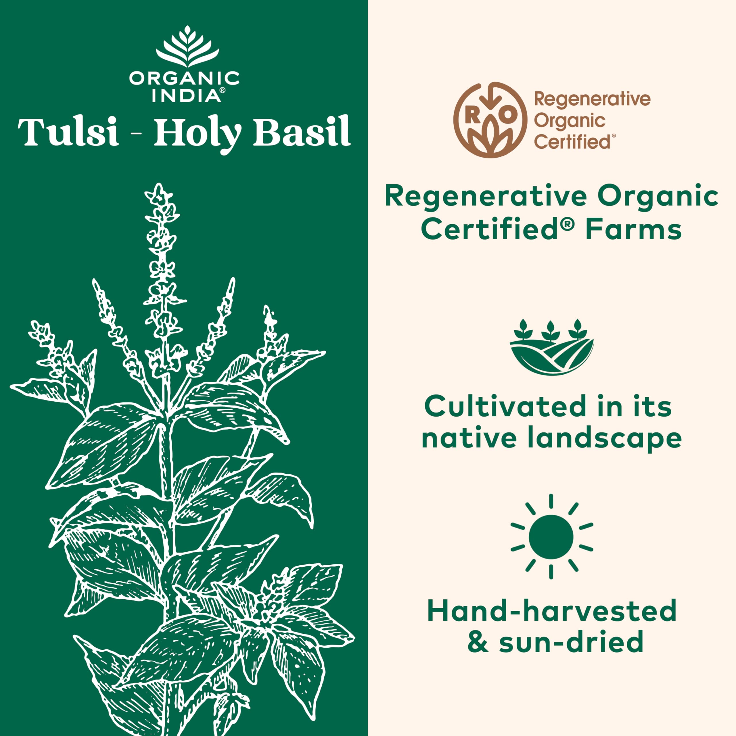 Back view of ORGANIC INDIA Holy Basil Capsules 118g packaging