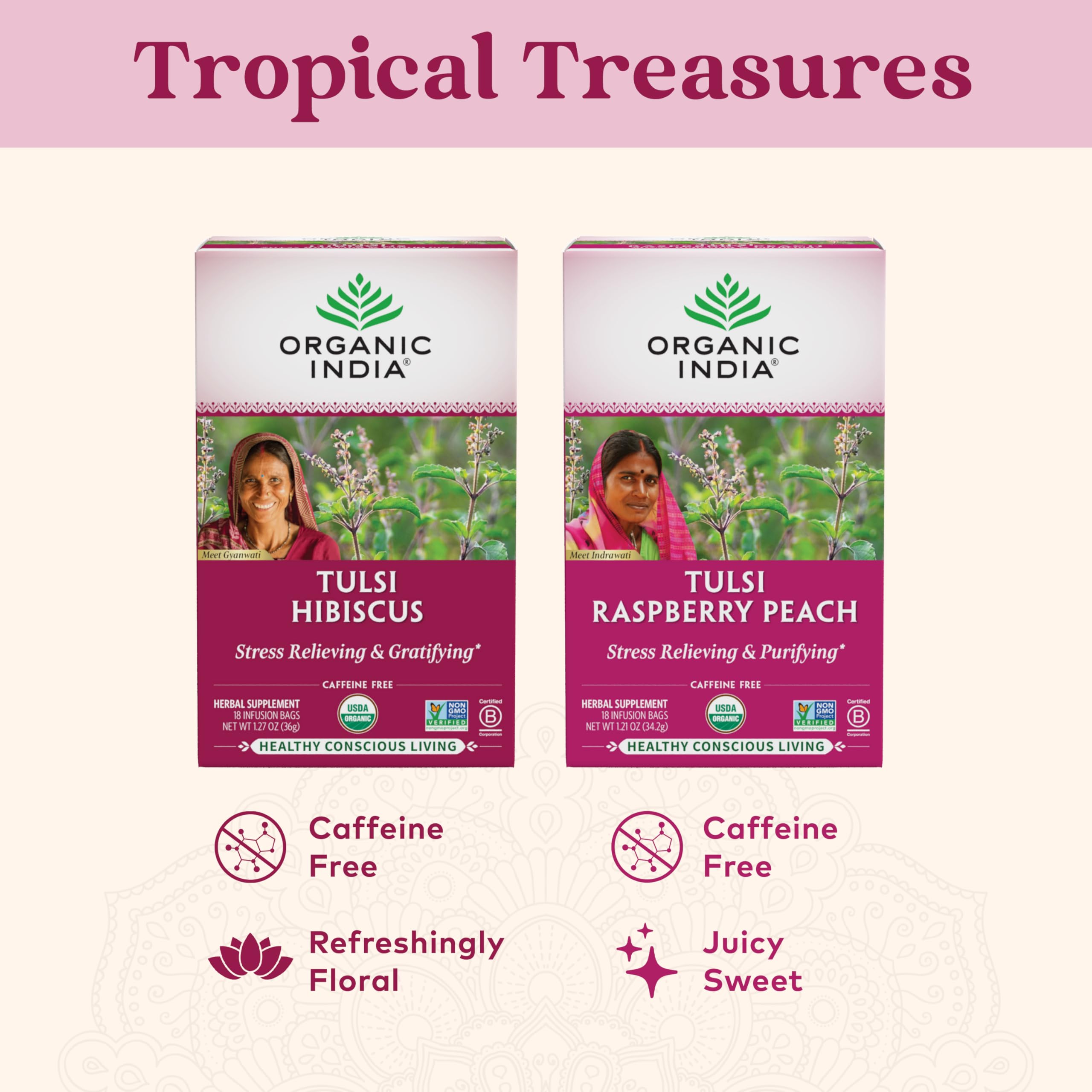 Back view of ORGANIC INDIA Tulsi Hibiscus Tea packaging