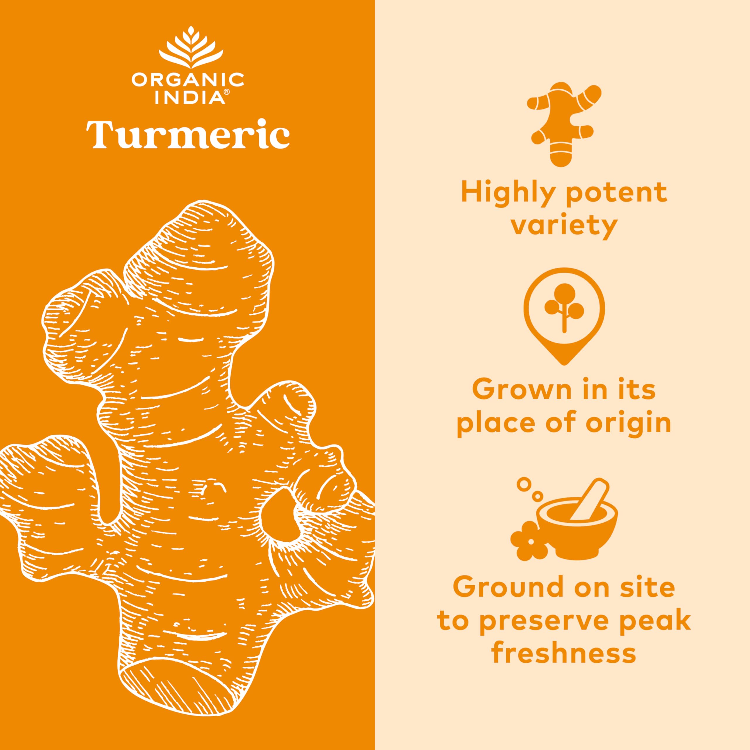 Back view of ORGANIC INDIA Turmeric Supplement packaging
