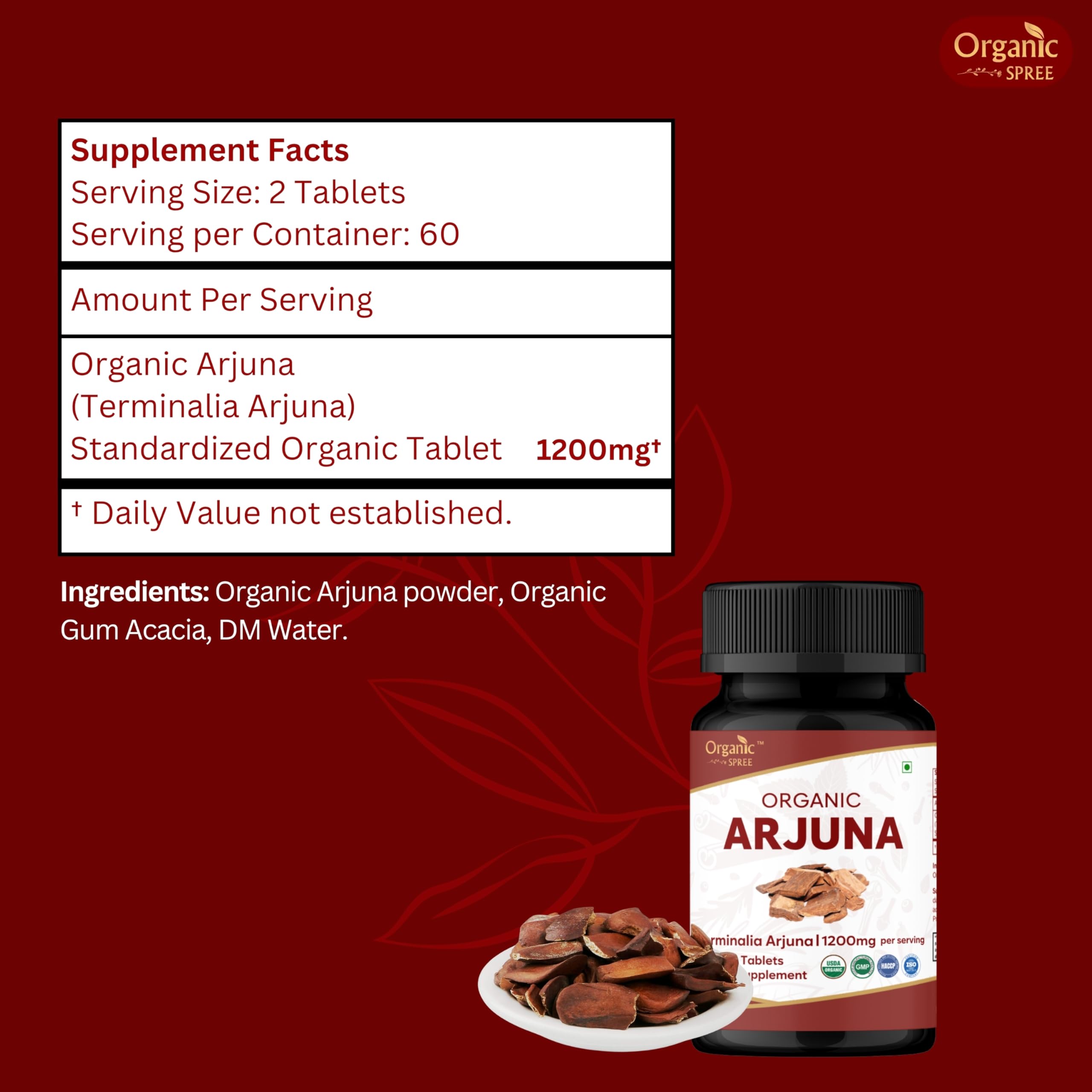 Back view of ORGANIC SPREE Arjuna Tablets with ingredient list