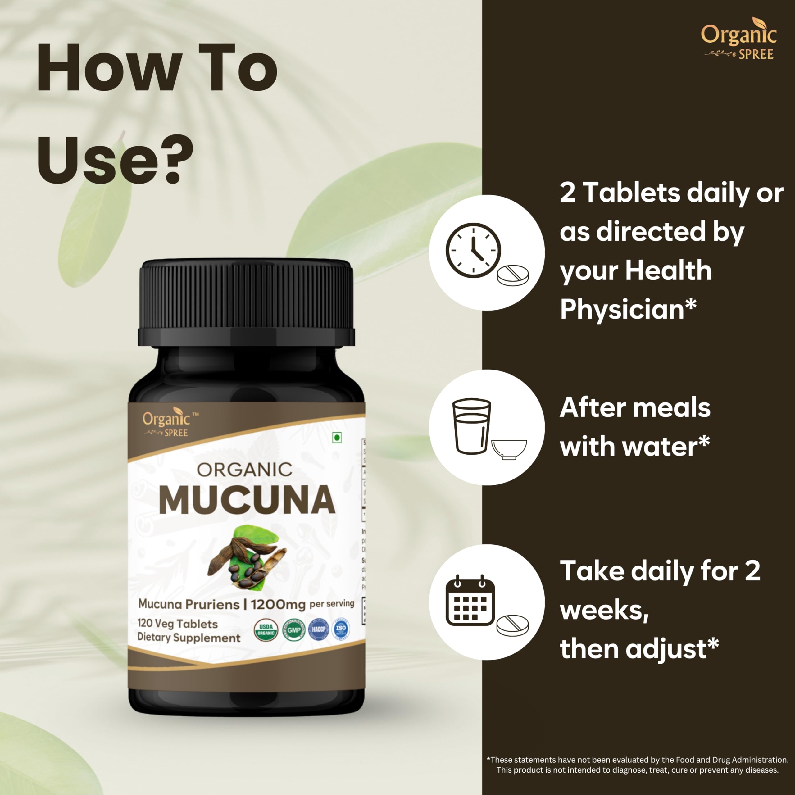 Back view of ORGANIC SPREE Mucuna Pruriens Tablets with nutritional information