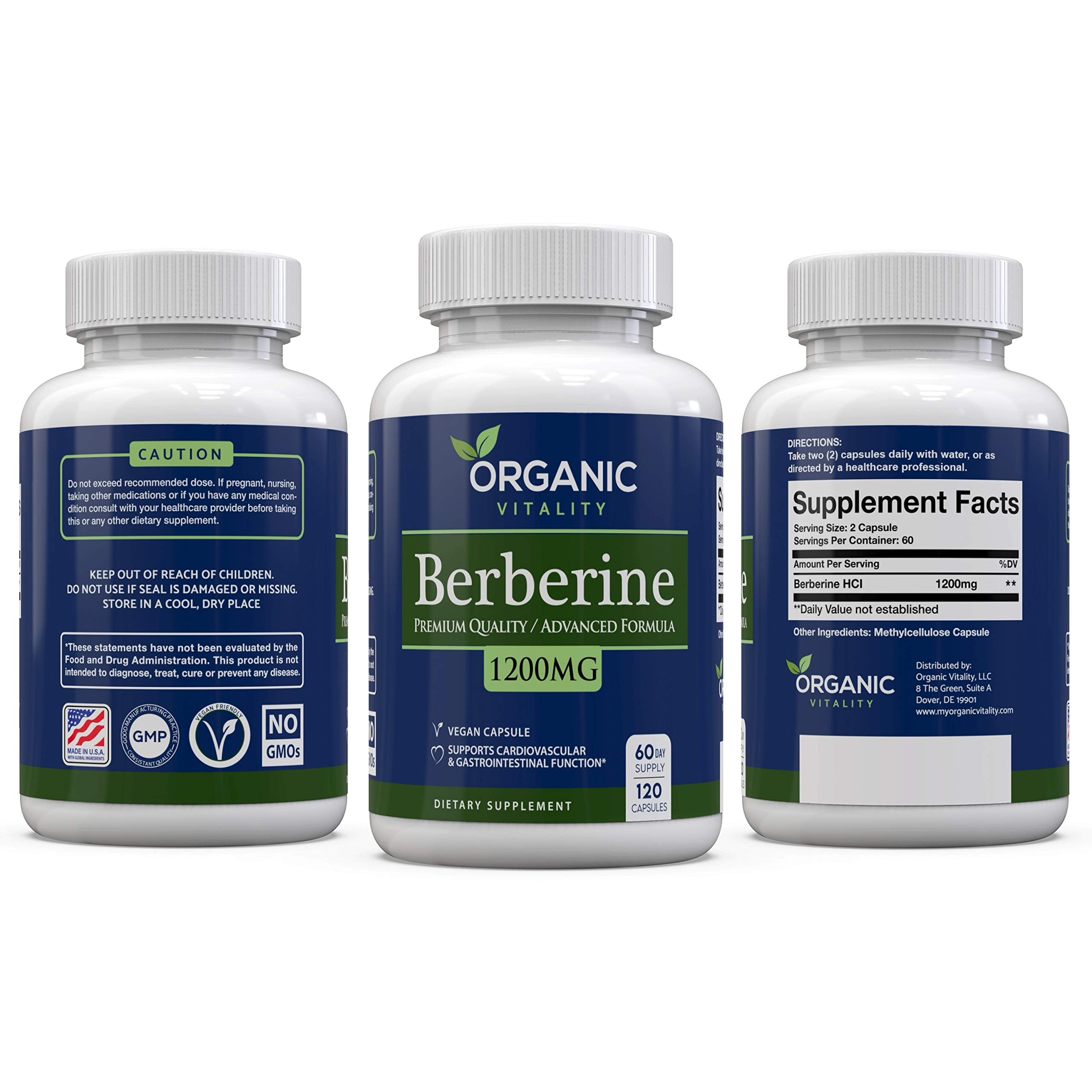 Back view of ORGANIC VITALITY Berberine HCL bottle showing ingredients