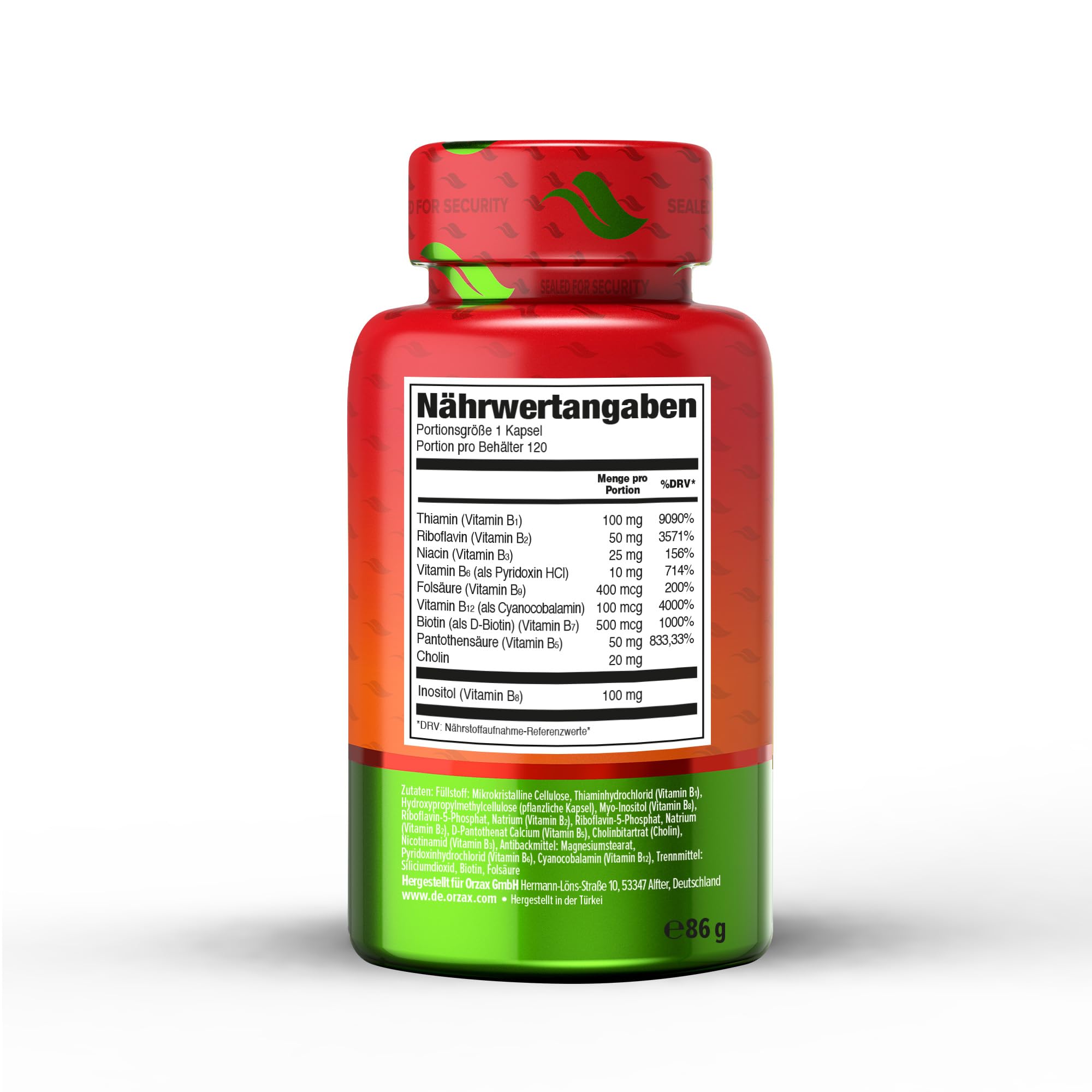 Back view of ORZAX B Complex supplement bottle showing ingredients list