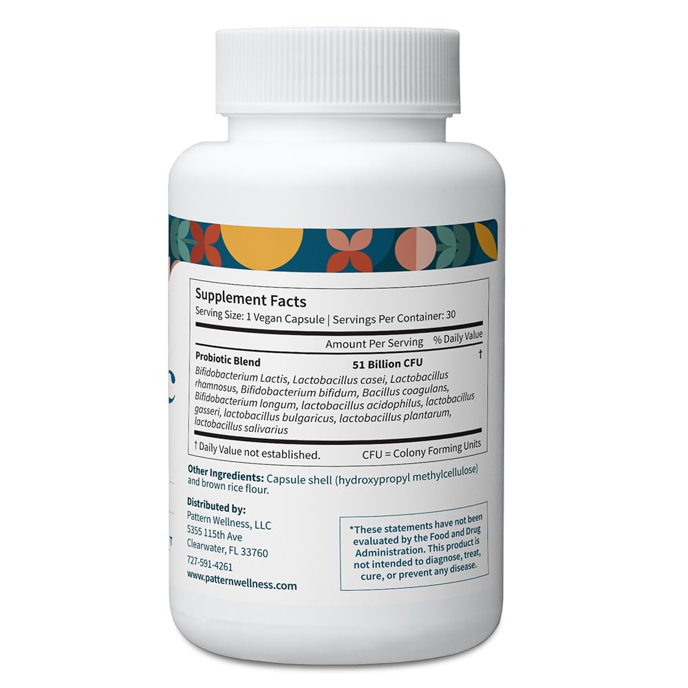 Back view of Pattern Wellness Probiotic Capsules with ingredient list