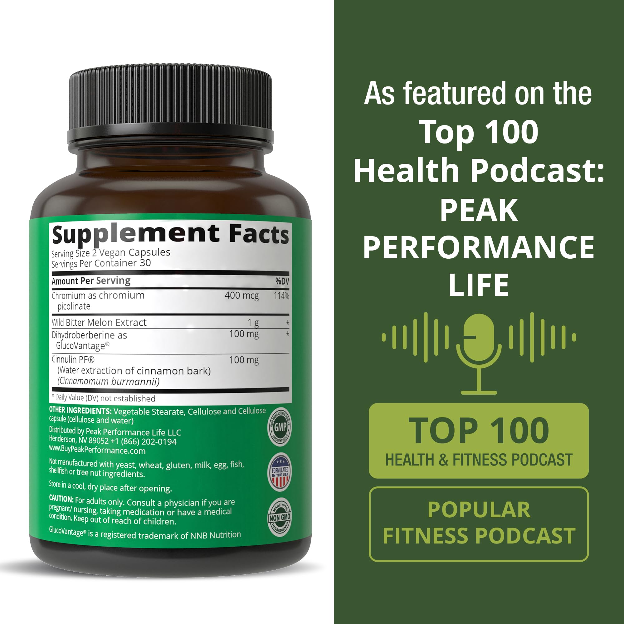 Back view of Peak Performance Berberine Capsules packaging