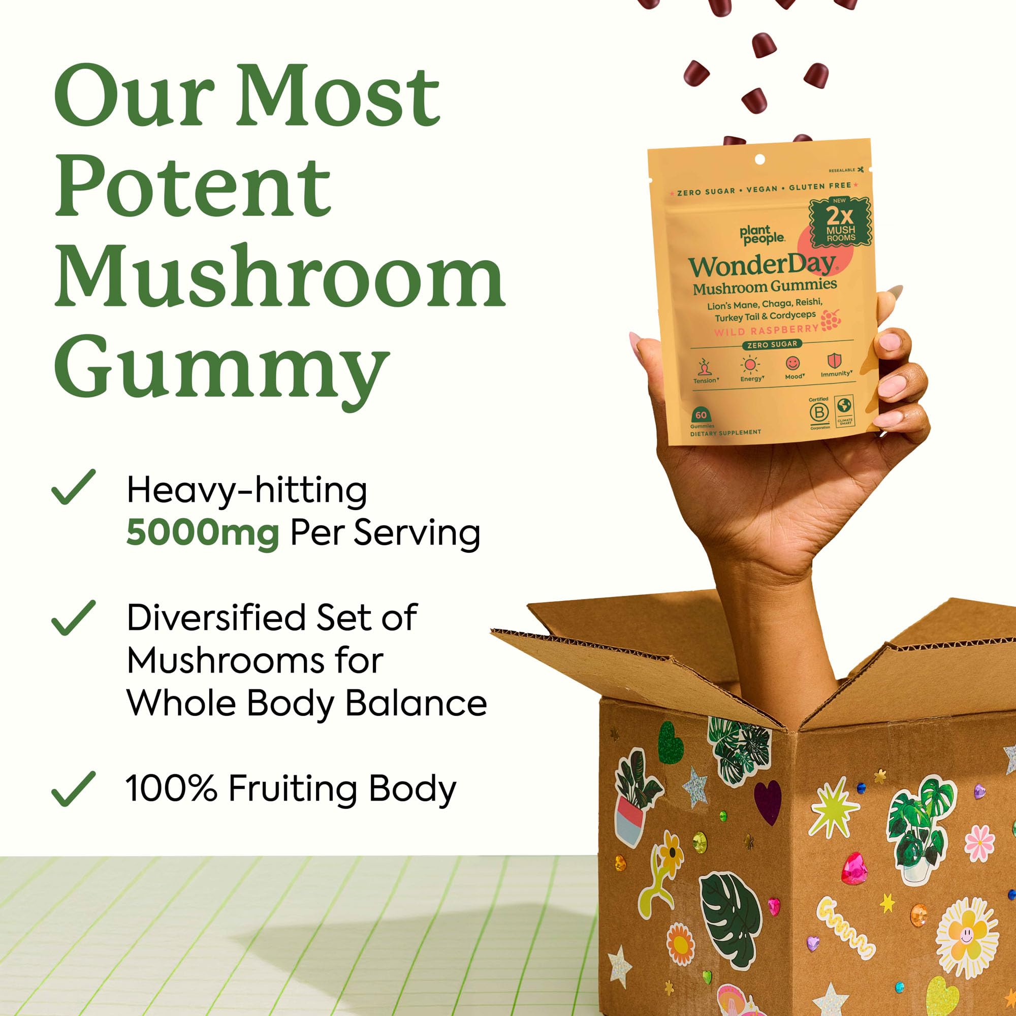 Back view of Plant People Mushroom Gummies packaging with ingredient list