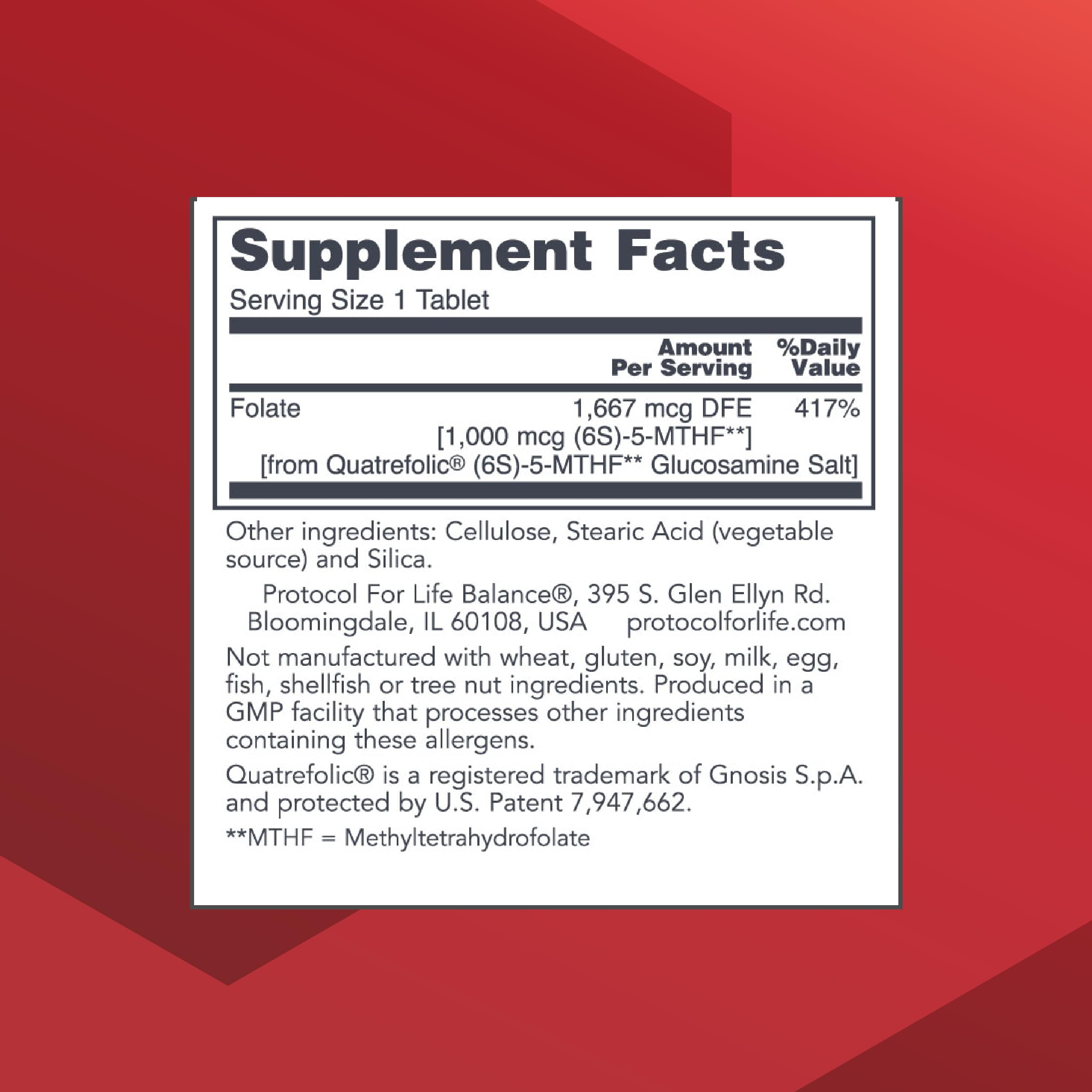 Back view of PROTOCOL FOR LIFE BALANCE 5-Methylfolate 1,000mcg Supplement bottle with ingredients