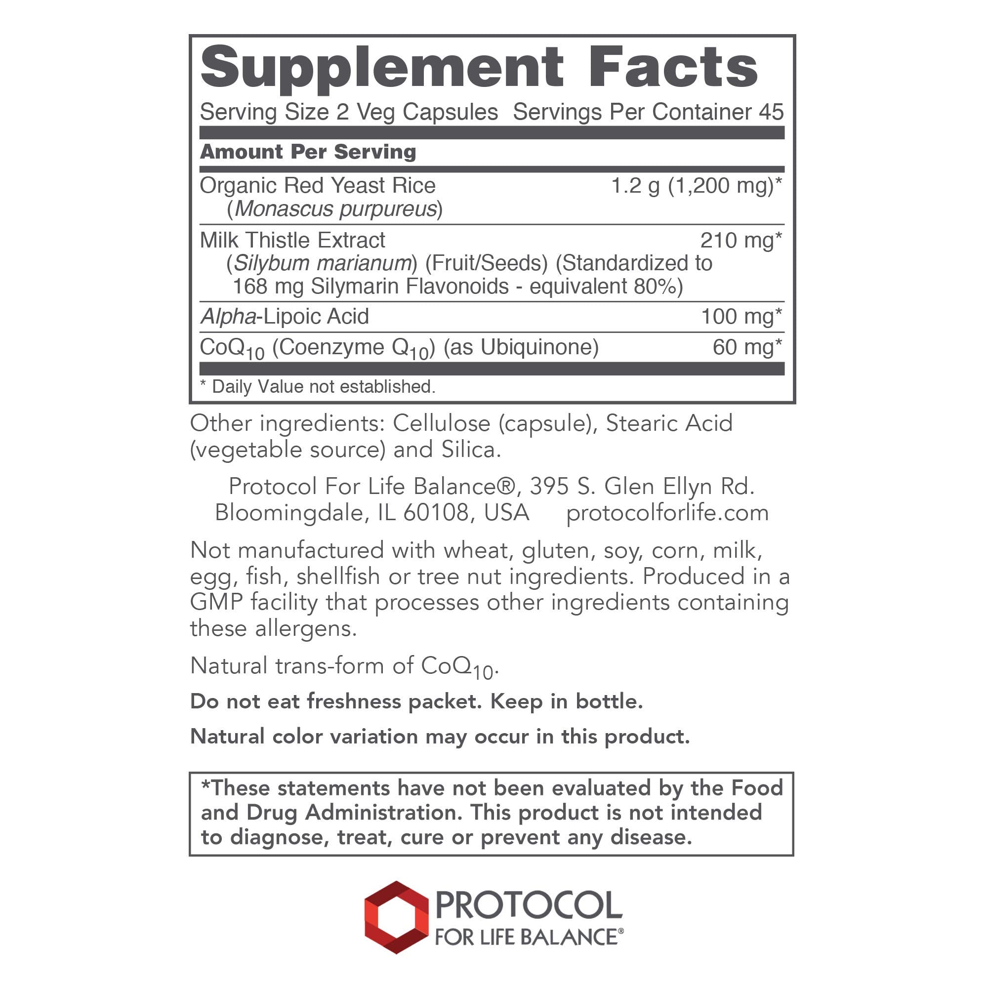Back view of PROTOCOL FOR LIFE BALANCE Red Yeast Rice Plus 1200mg supplement facts