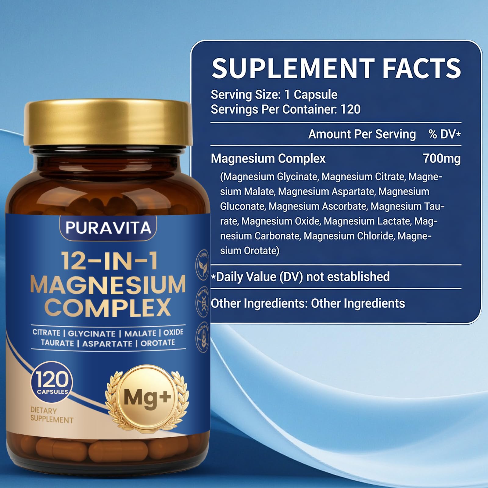 Back view of PURAVITA Magnesium Complex 12 in 1 bottle