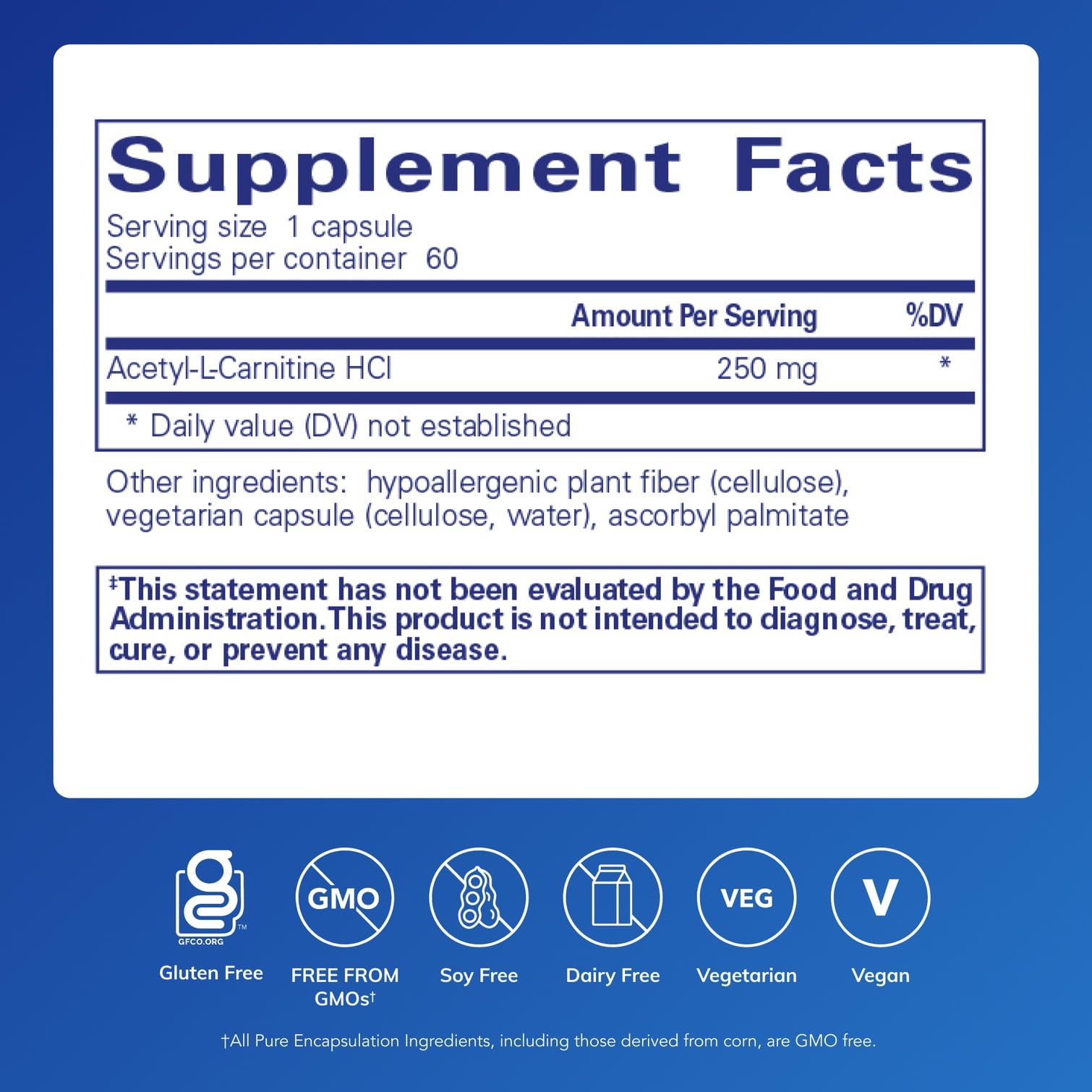 Back view of Pure Encapsulations Acetyl-L-Carnitine 250 mg capsules packaging