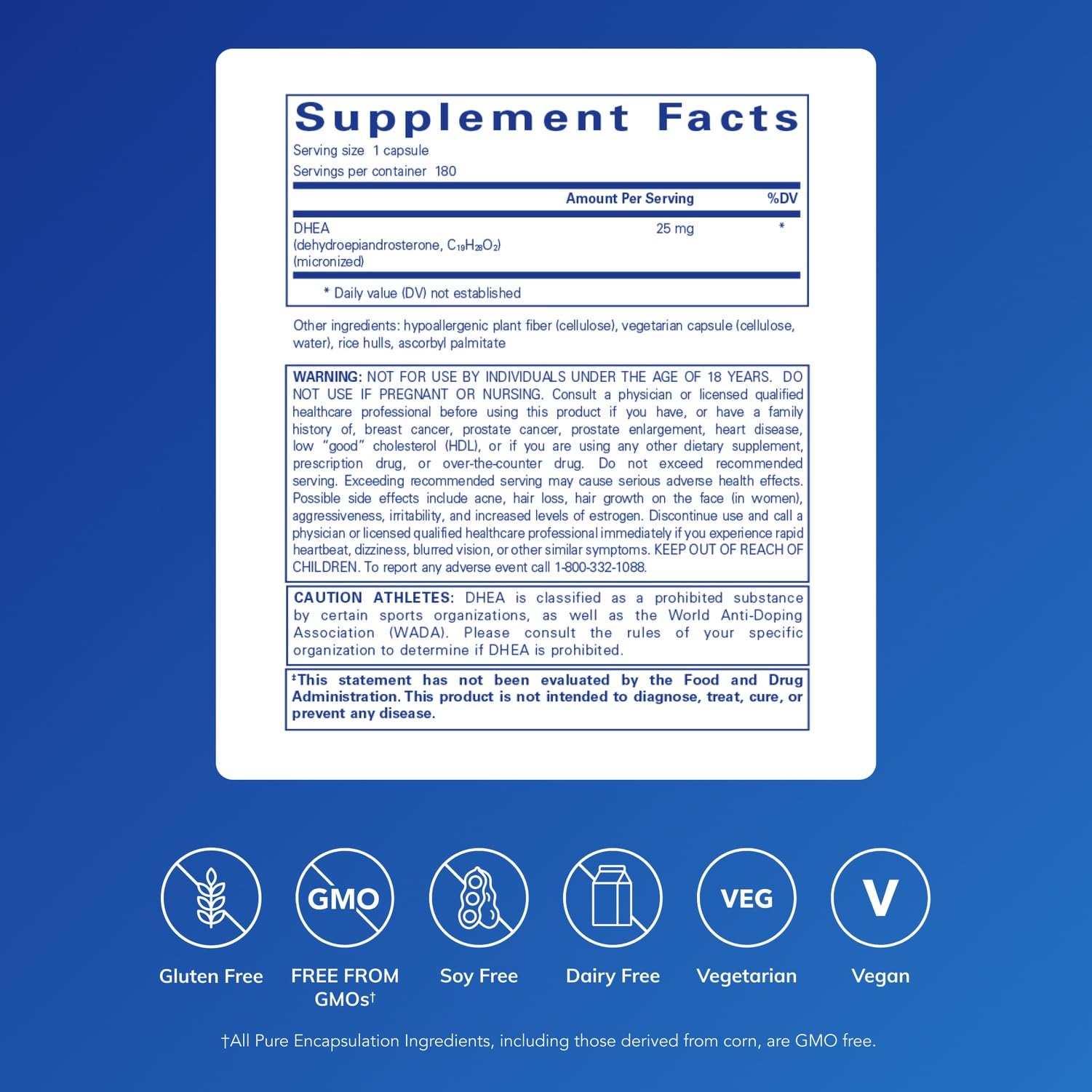 Back view of Pure Encapsulations DHEA Supplement packaging