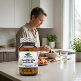 Back view of Pure Mountain Botanicals Dandelion Root & Omega-3 Capsules bottle