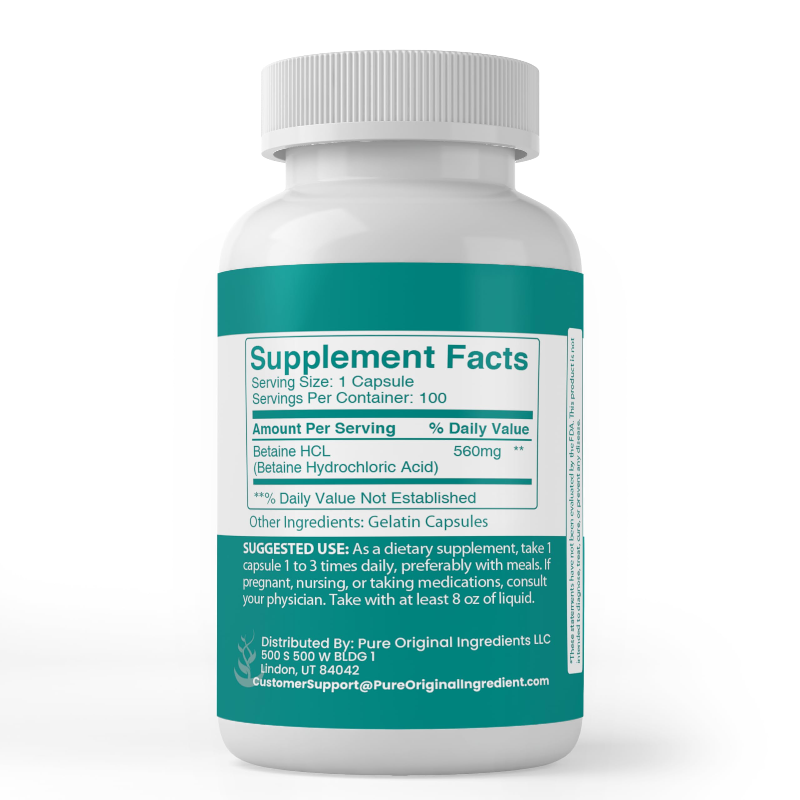 Back view of PURE ORIGINAL INGREDIENTS Betaine HCl Capsules bottle with ingredient list