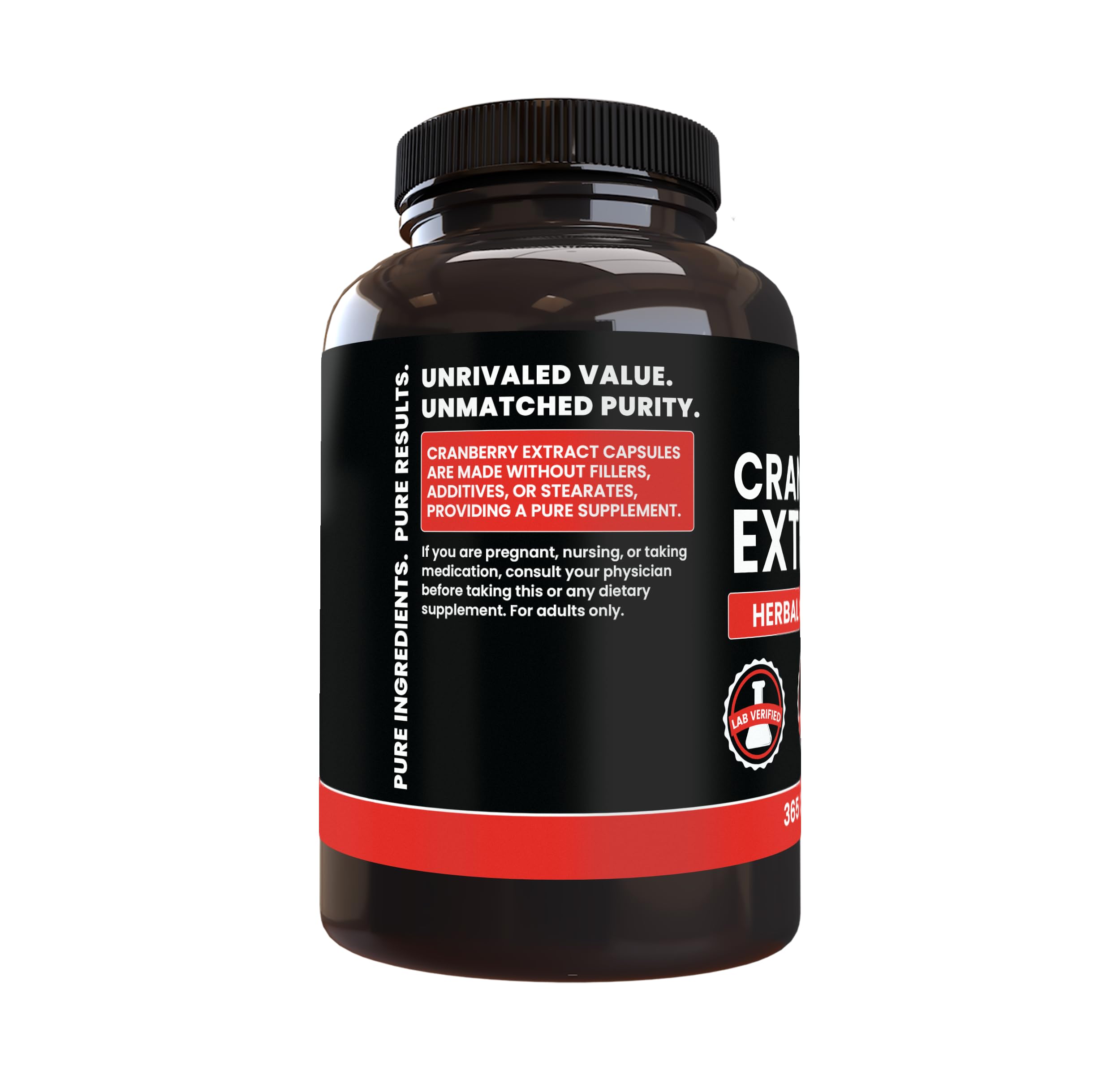 Back view of PURE ORIGINAL INGREDIENTS Cranberry Extract Capsules packaging