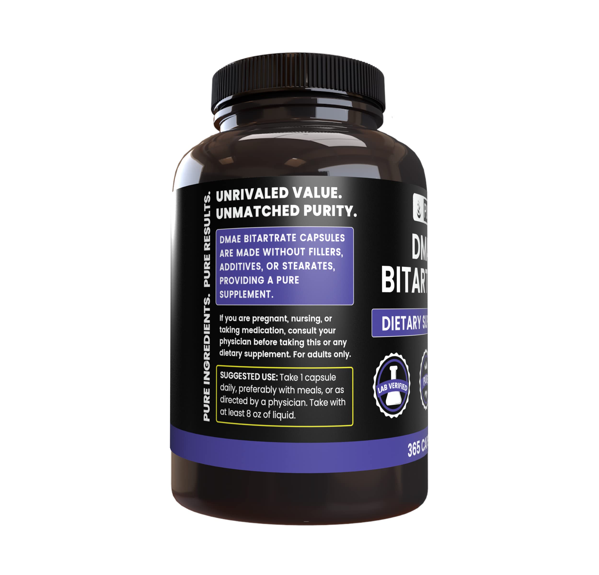Back view of PURE ORIGINAL INGREDIENTS DMAE Bitartrate Capsules packaging