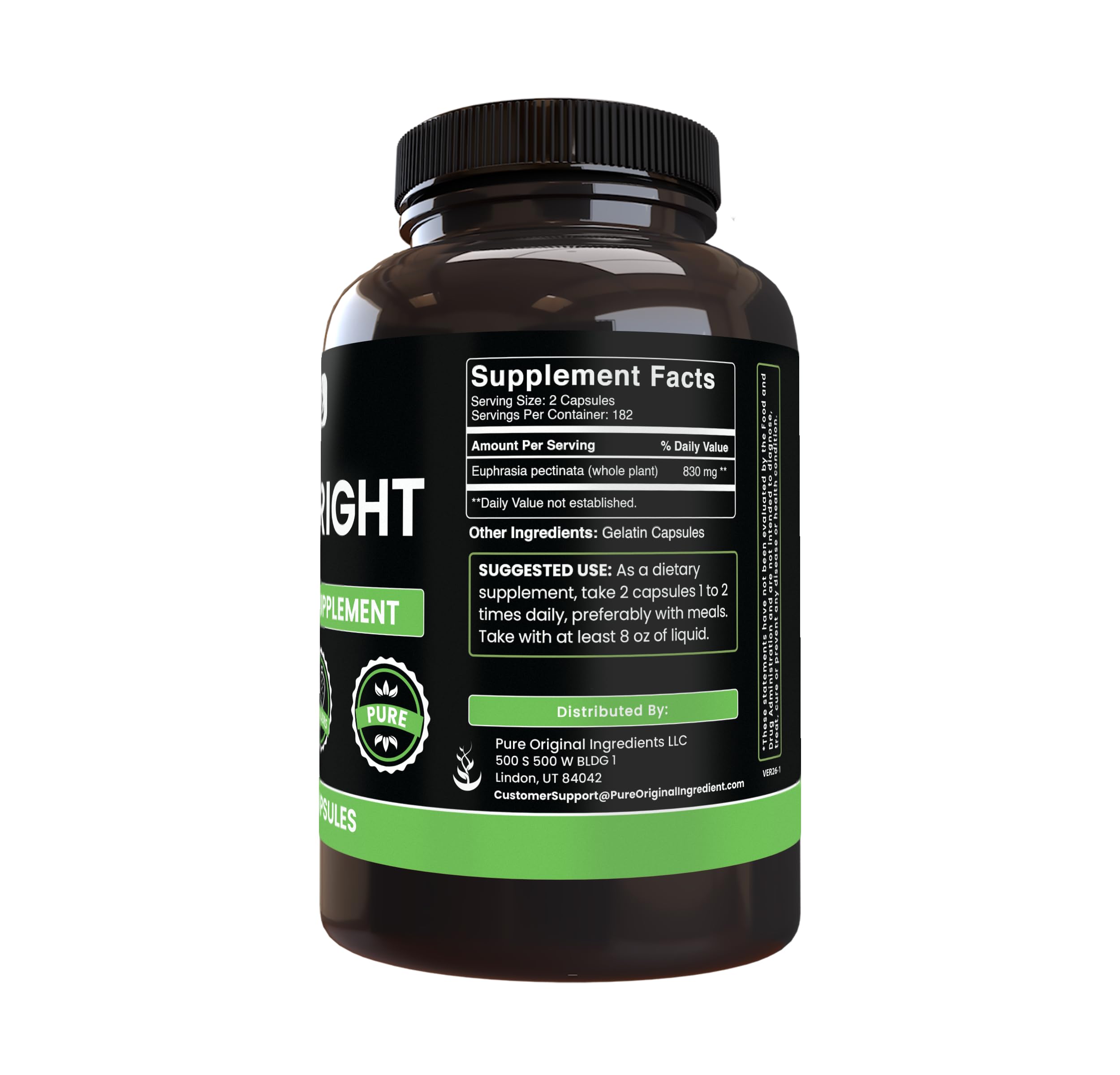 Back view of PURE ORIGINAL INGREDIENTS Eyebright Capsules bottle