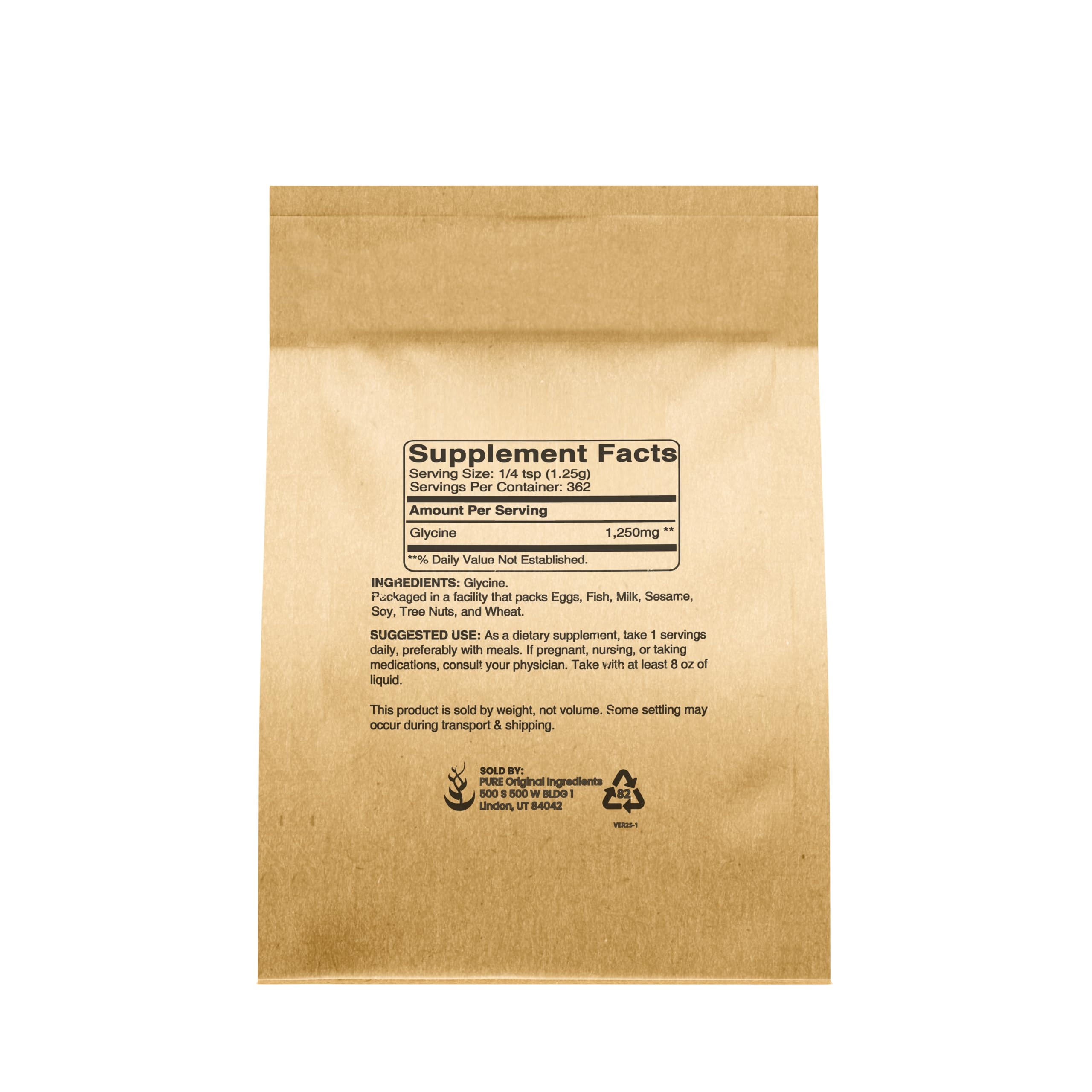 Back view of PURE ORIGINAL INGREDIENTS Glycine Powder 472g packaging