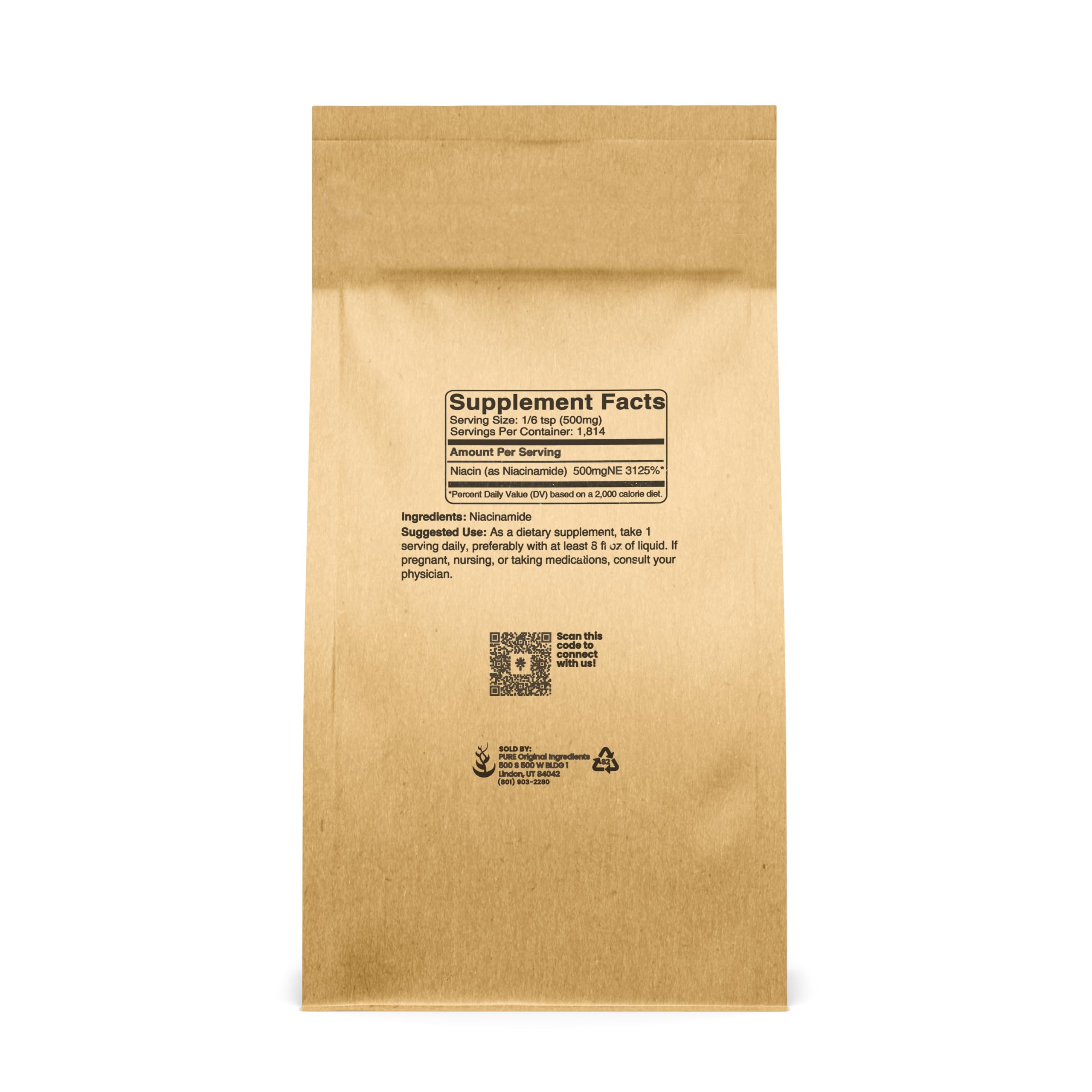 Back view of PURE ORIGINAL INGREDIENTS Niacinamide Powder 930g packaging