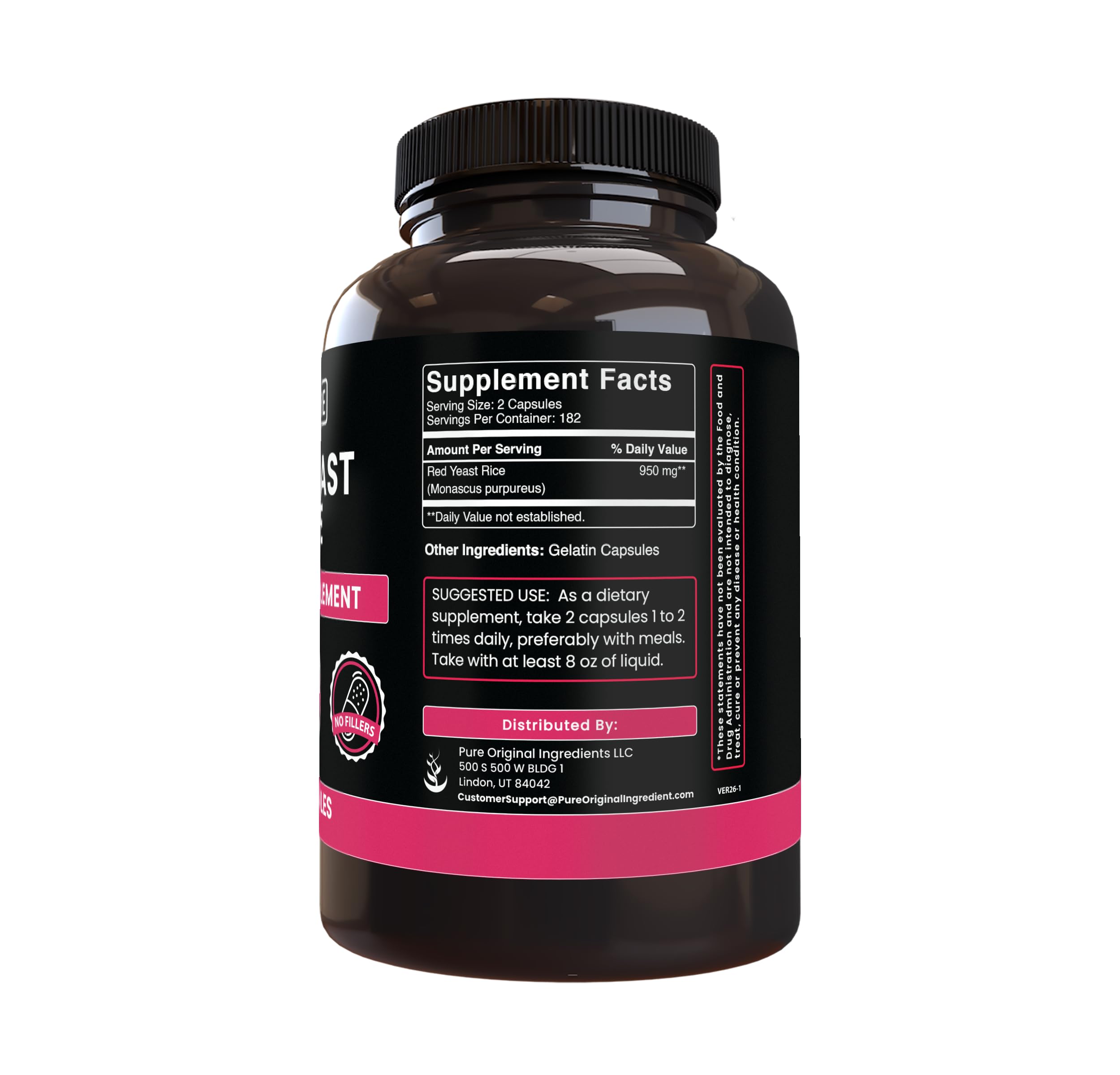 Back view of PURE ORIGINAL INGREDIENTS Red Yeast Rice Capsules packaging