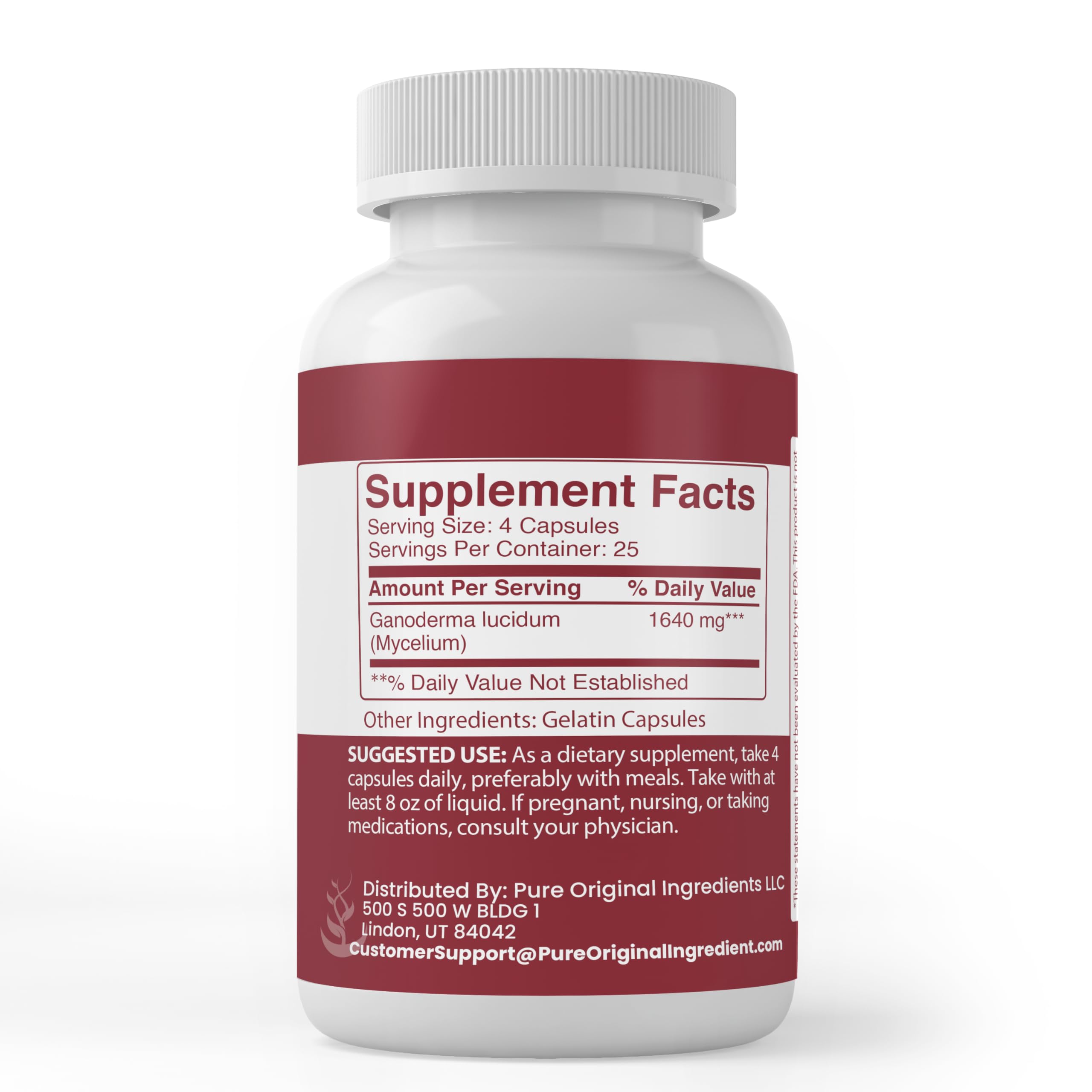 Back view of PURE ORIGINAL INGREDIENTS Reishi Mushroom Capsules packaging