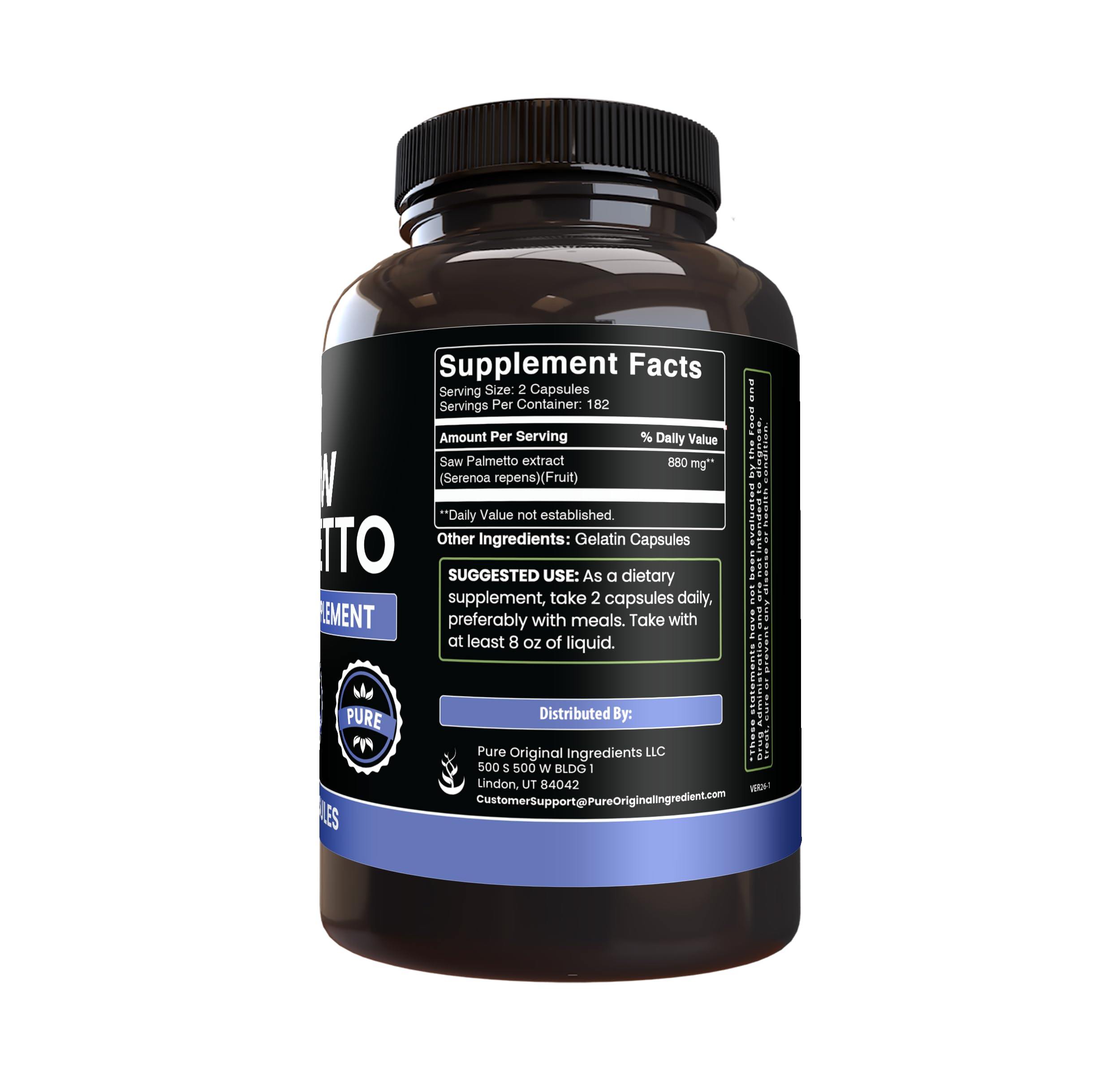 Back view of PURE ORIGINAL INGREDIENTS Saw Palmetto Capsules