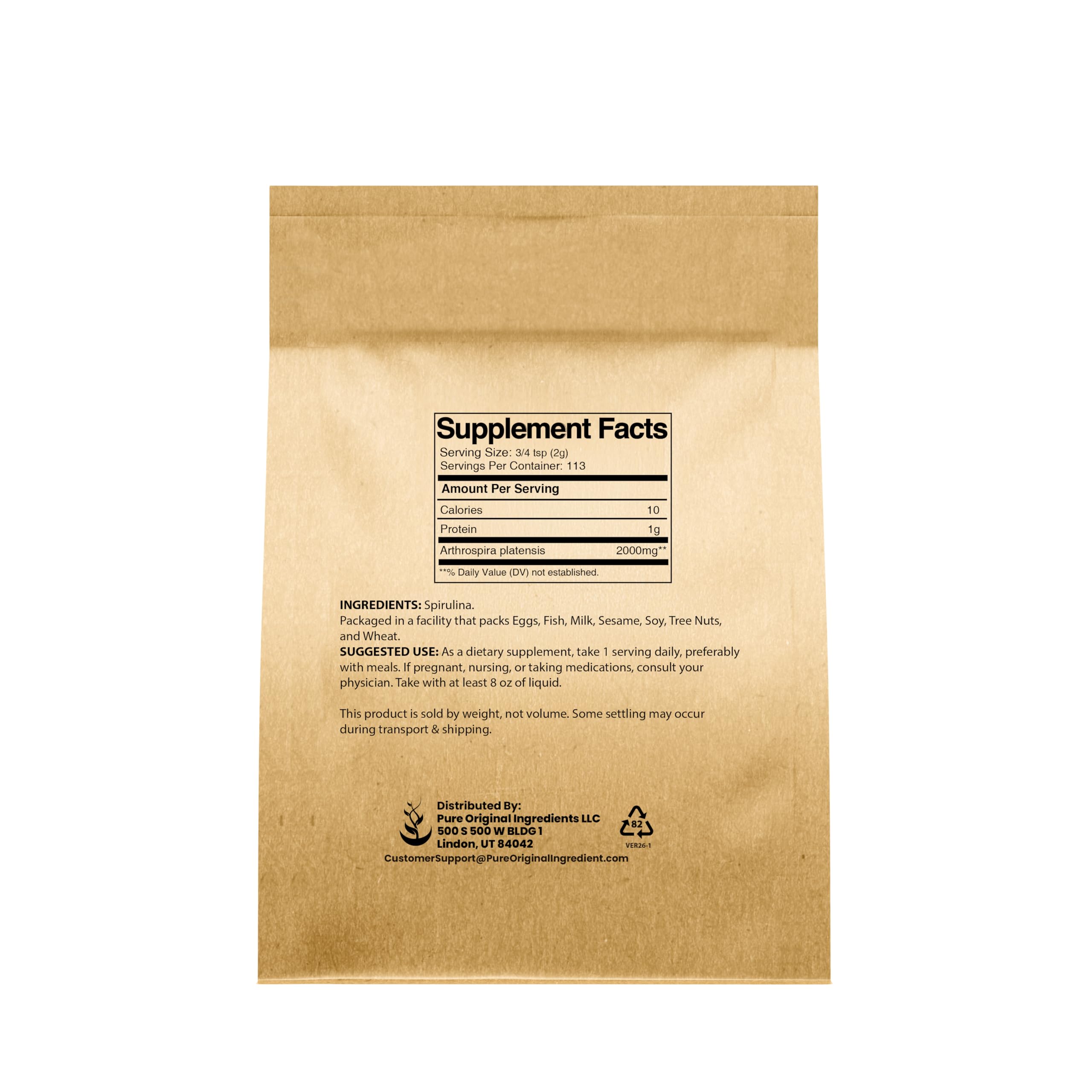 Back view of PURE ORIGINAL INGREDIENTS Spirulina Powder 240g packaging