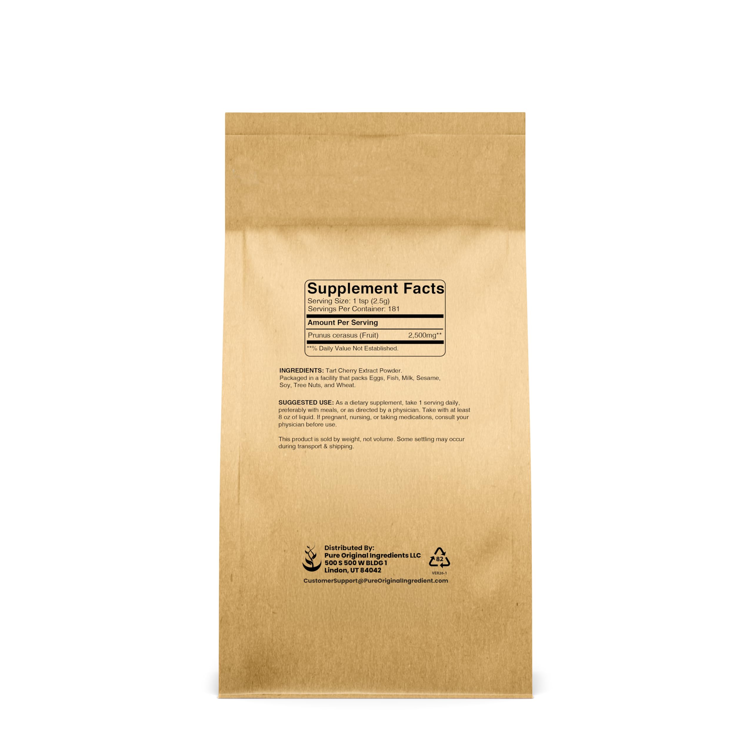 Back view of PURE ORIGINAL INGREDIENTS Tart Cherry Extract Powder packaging