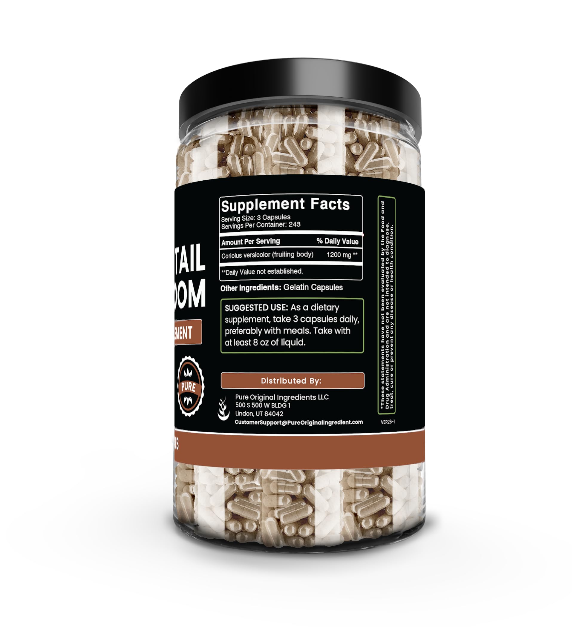 Back view of PURE ORIGINAL INGREDIENTS Turkey Tail Mushroom Capsules bottle