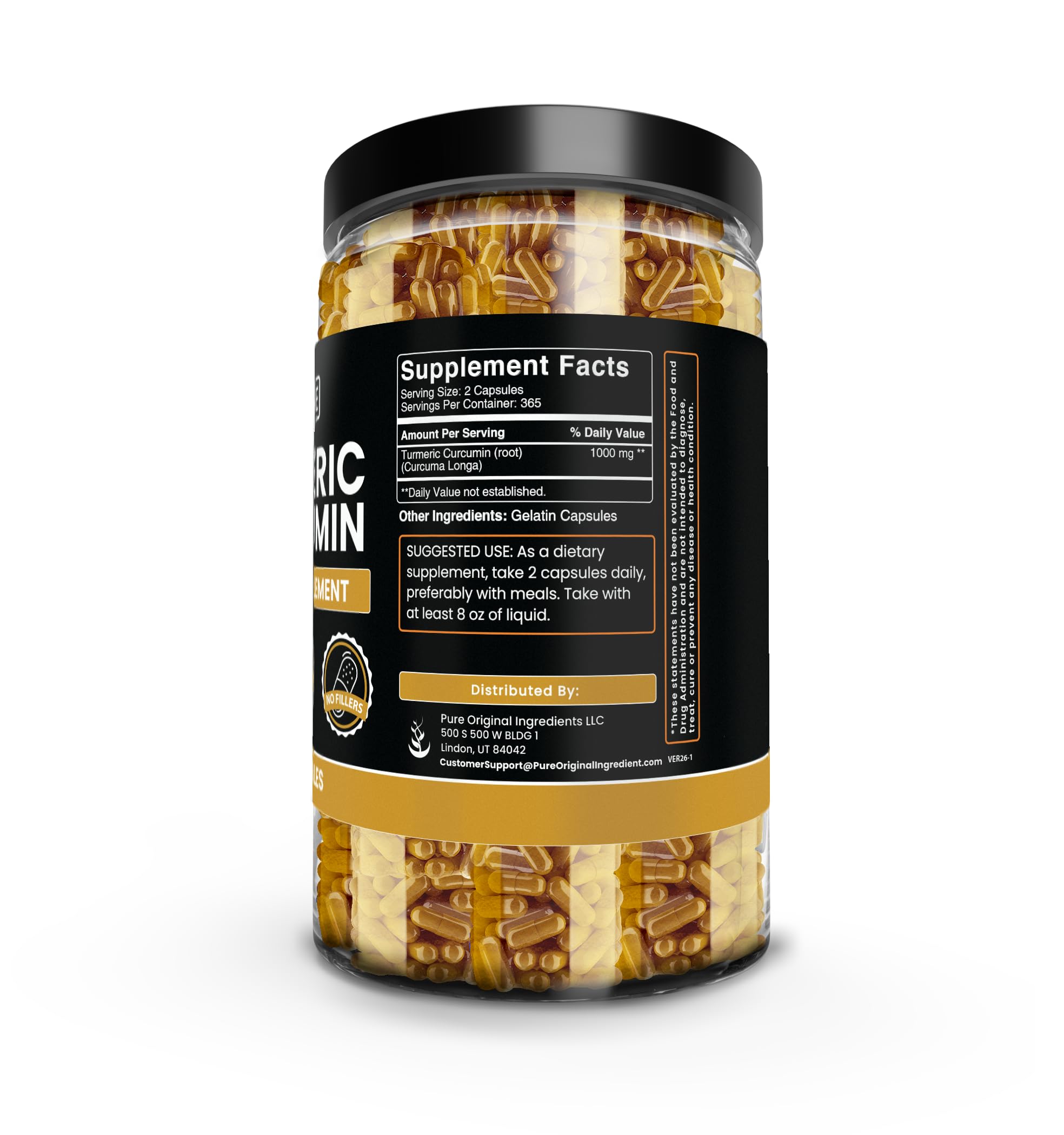 Back view of PURE ORIGINAL INGREDIENTS Turmeric Curcumin Capsules