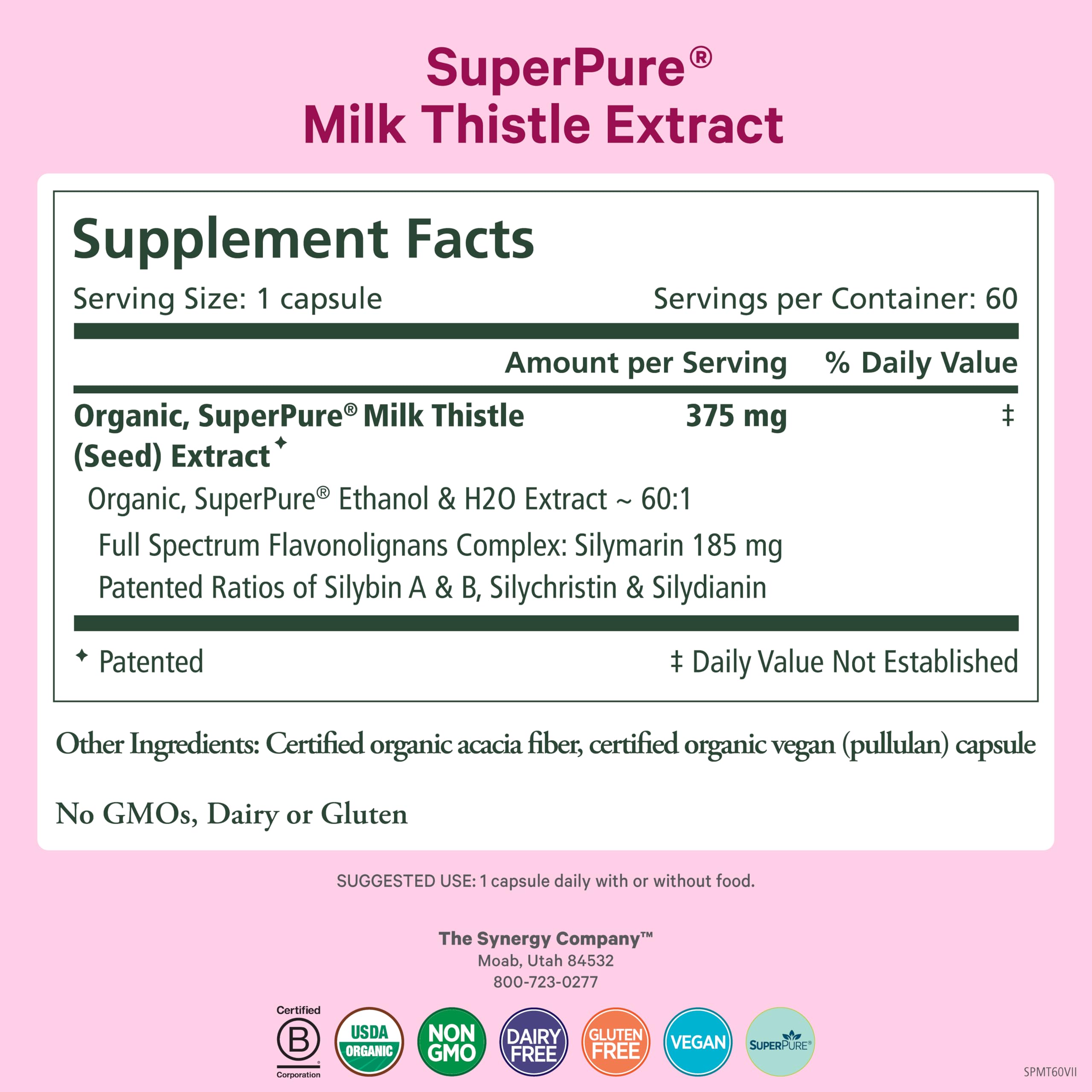 Back view of PURE SYNERGY Organic Milk Thistle Supplement 60 capsules with ingredient list