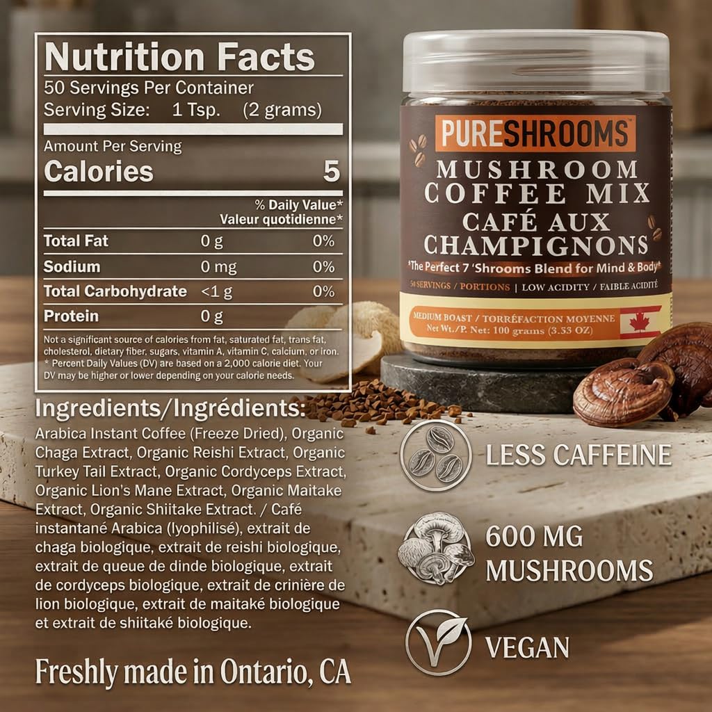 Back view of PureShrooms Perfect 7 Instant Coffee packaging