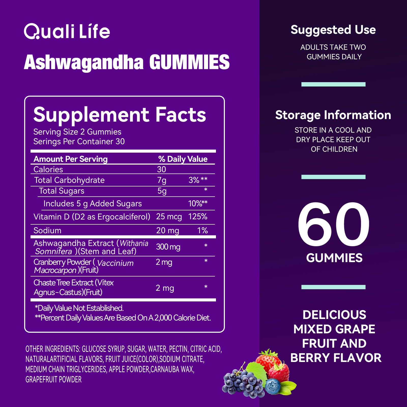 Back view of QualiLife Ashwagandha Gummies packaging