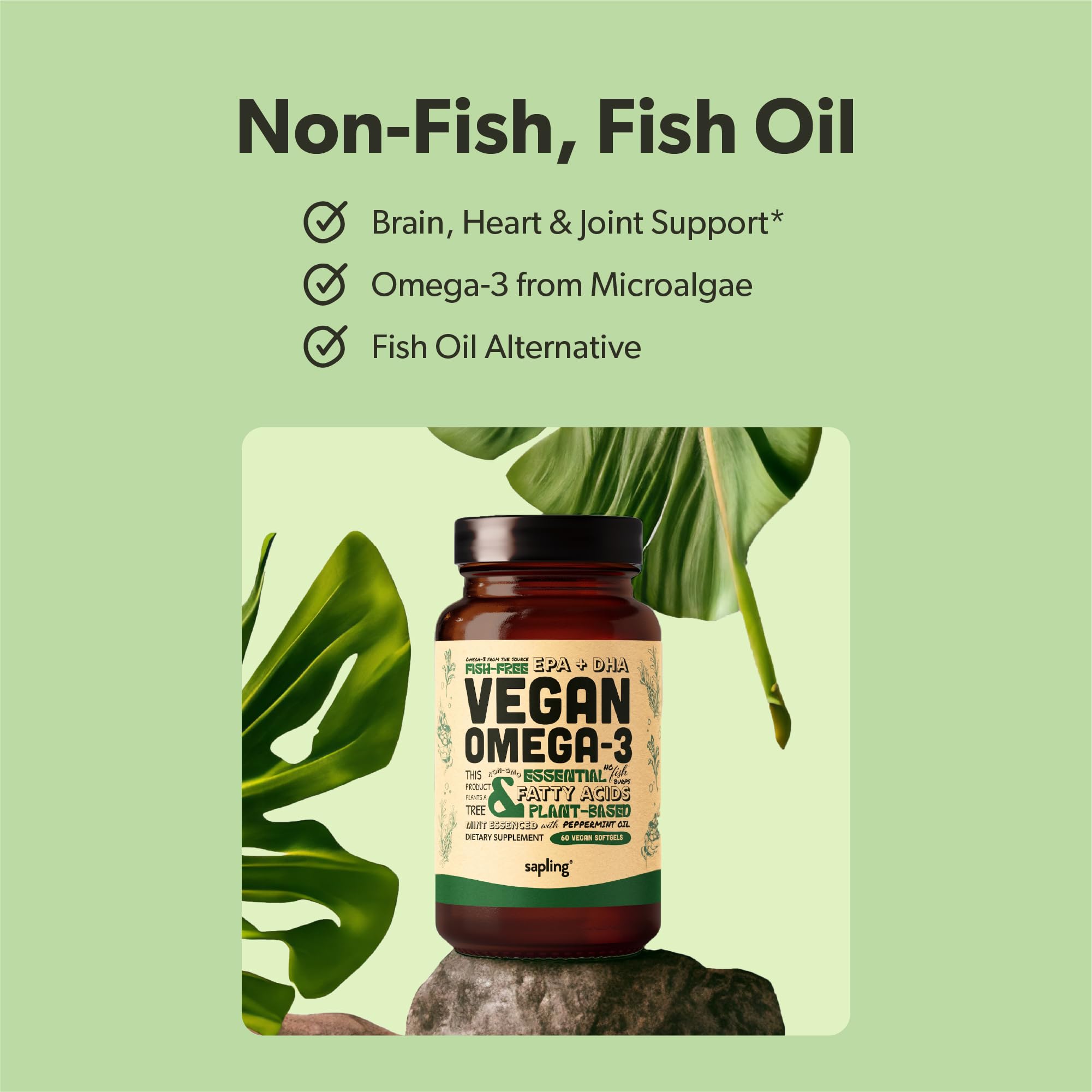 Back view of Sapling Vegan Omega-3 Algal Oil Supplement bottle