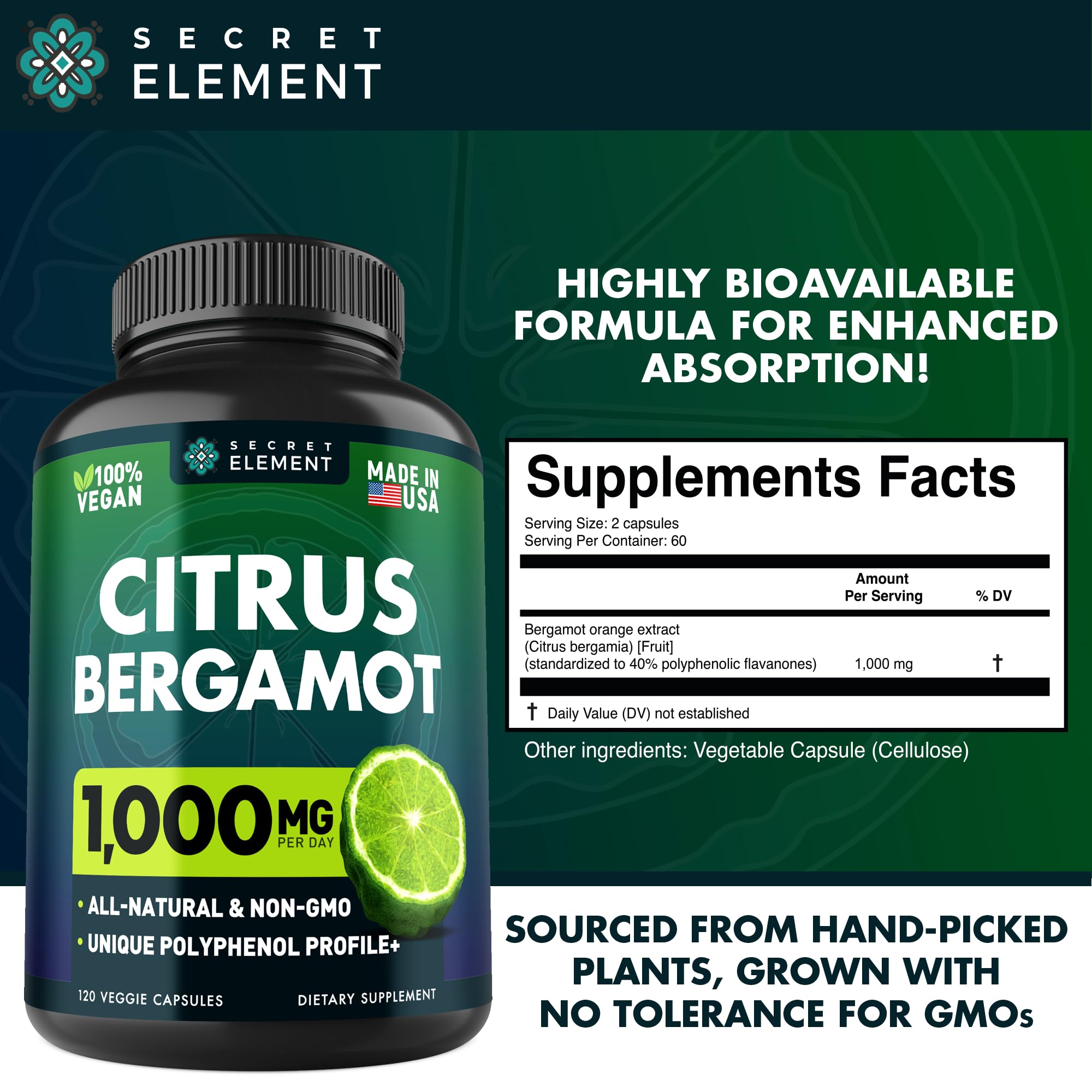 Back view of Secret Element Citrus Bergamot Capsules with ingredient details