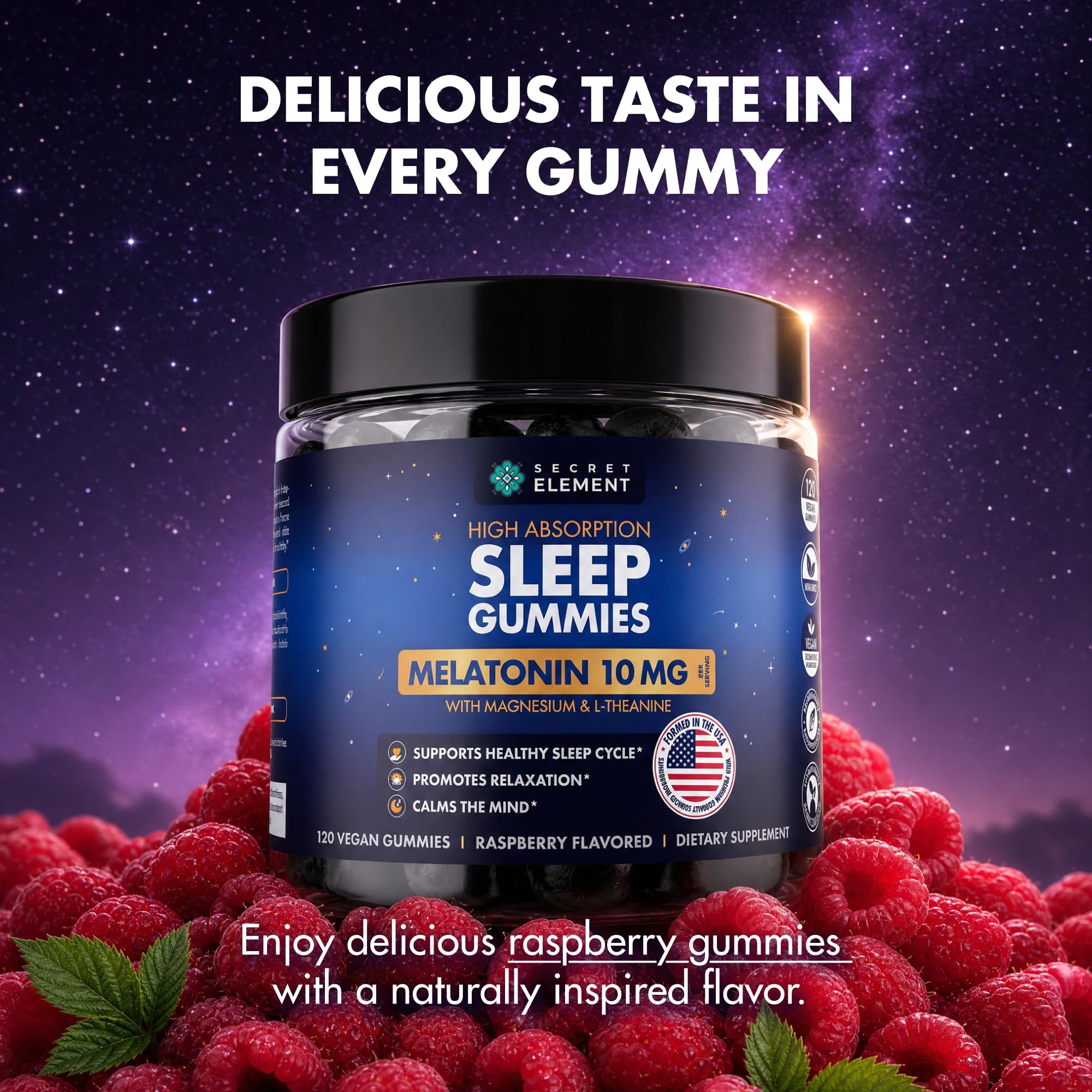 Back view of Secret Element Raspberry Gummies packaging