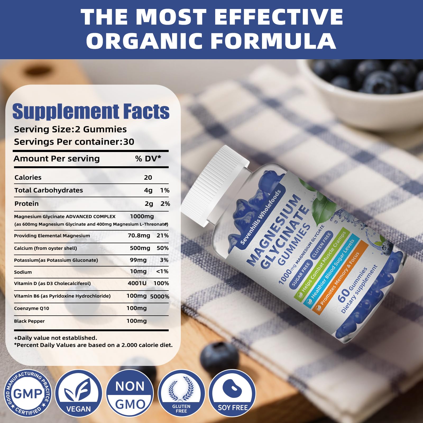 Back view of Sevenhills Wholefoods Magnesium Gummies packaging with nutritional information