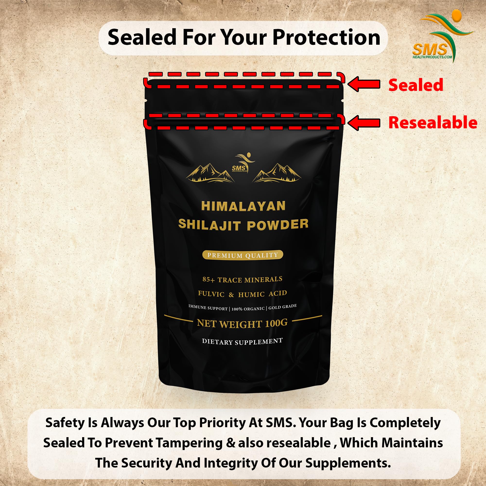 Back view of SMSHEALTHPRODUCTS.com Himalayan Shilajit Powder packaging