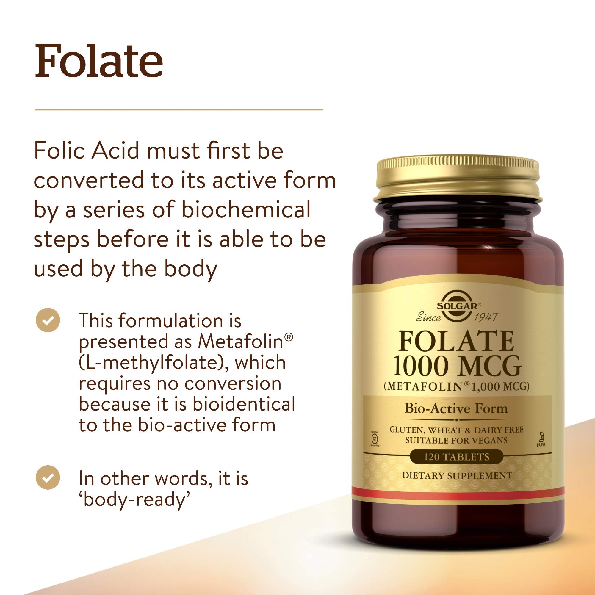 Back view of Solgar Folate 20g Capsules packaging