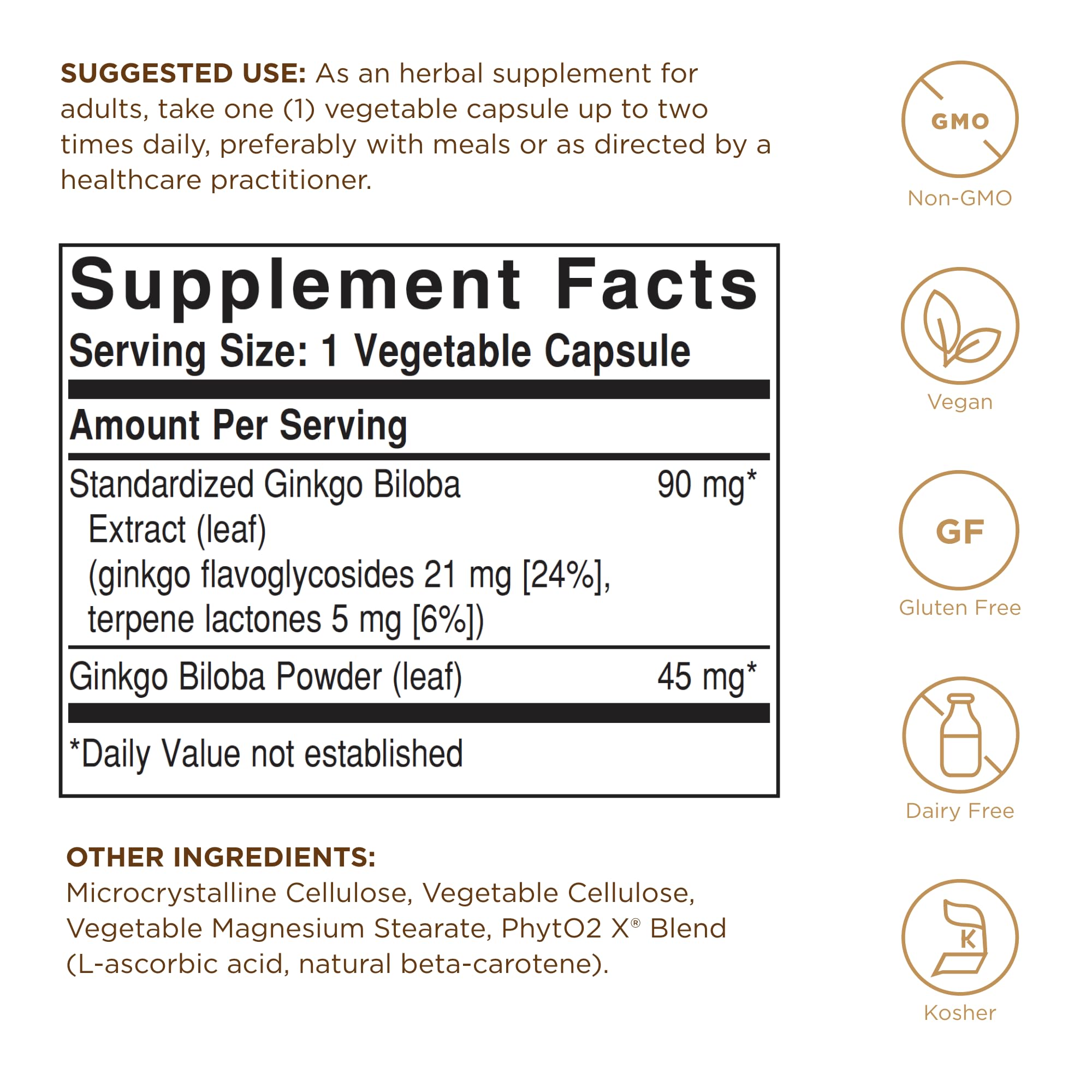 Back view of Solgar Ginkgo Biloba Leaf Extract 100mg bottle with ingredients