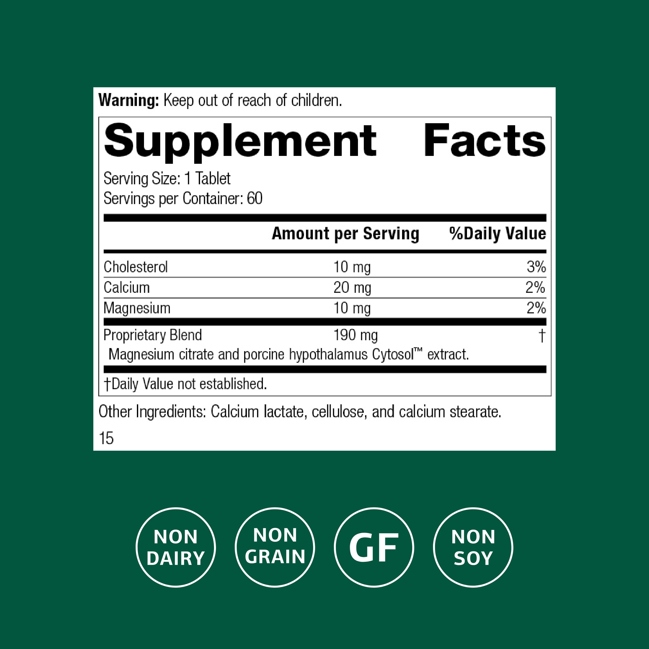 Back view of Standard Process Hypothalmex Supplement 113g with ingredient details