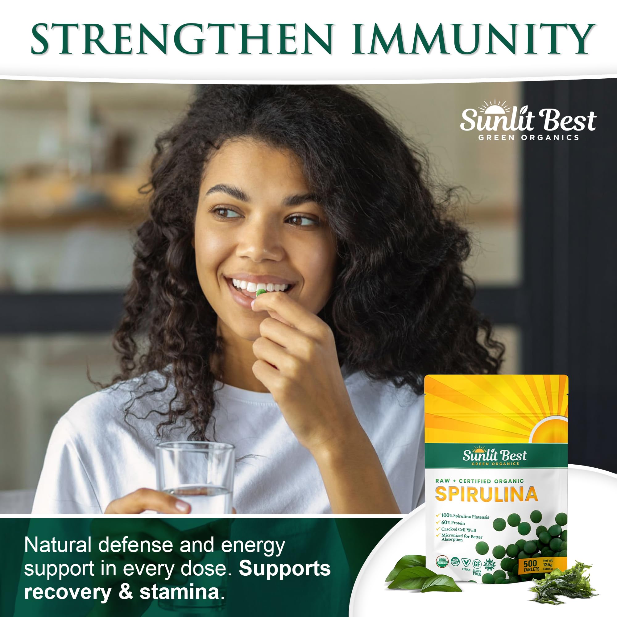Back view of Sunlit Best Green Organics Spirulina Tablets packaging