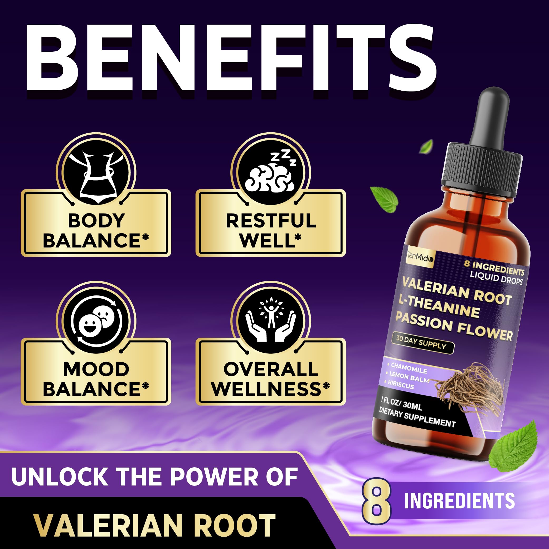 Back view of Tenmido Valerian Root Extract Liquid Drops packaging